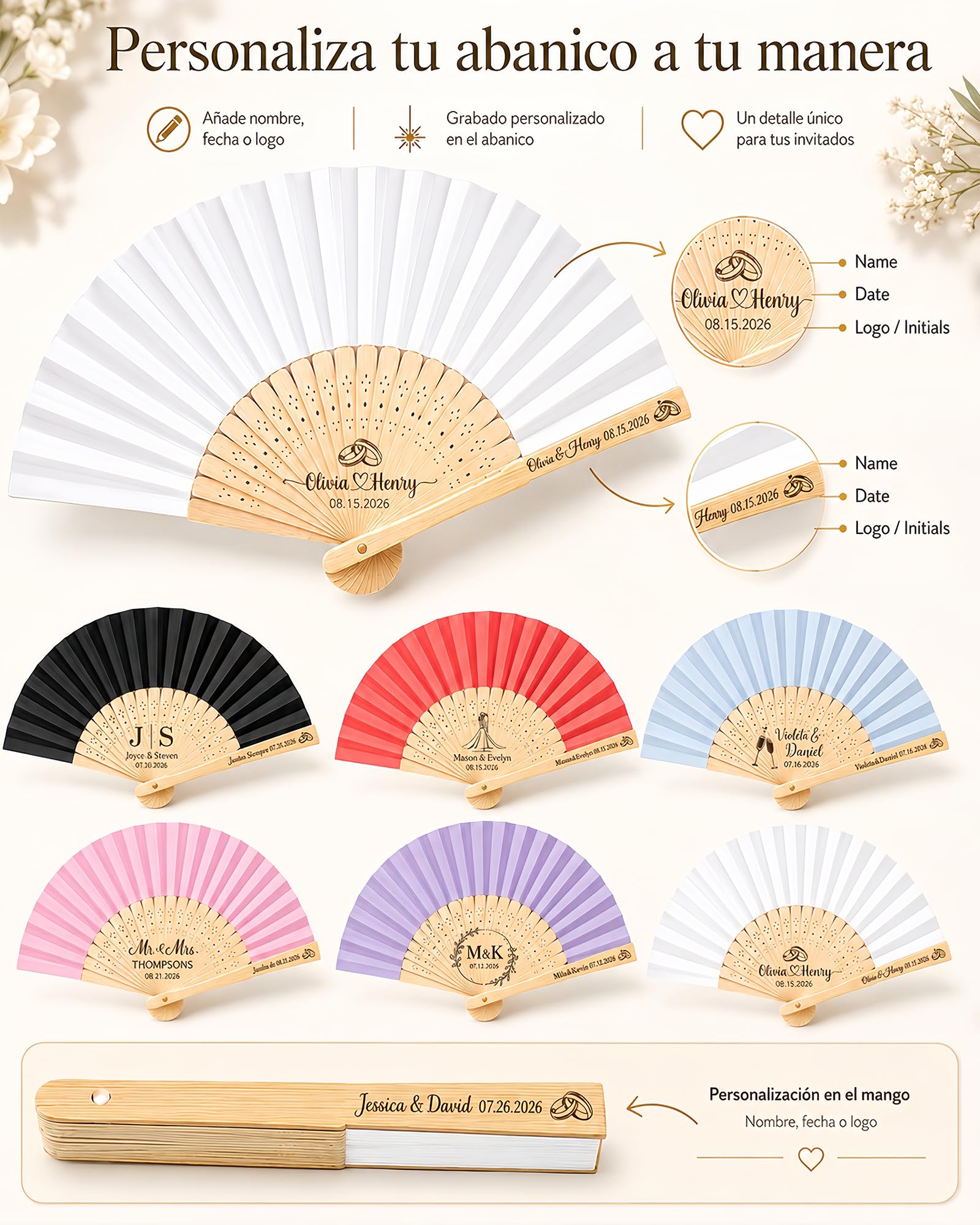 Abanicos Personalizados de Madera para Bodas – Abanico Boda Personalizado con Texto/Diseño Grabado/Bolsa de Organza y Borla, Detalles Boda para Invitados, Eventos y Decoración (50Pcs)