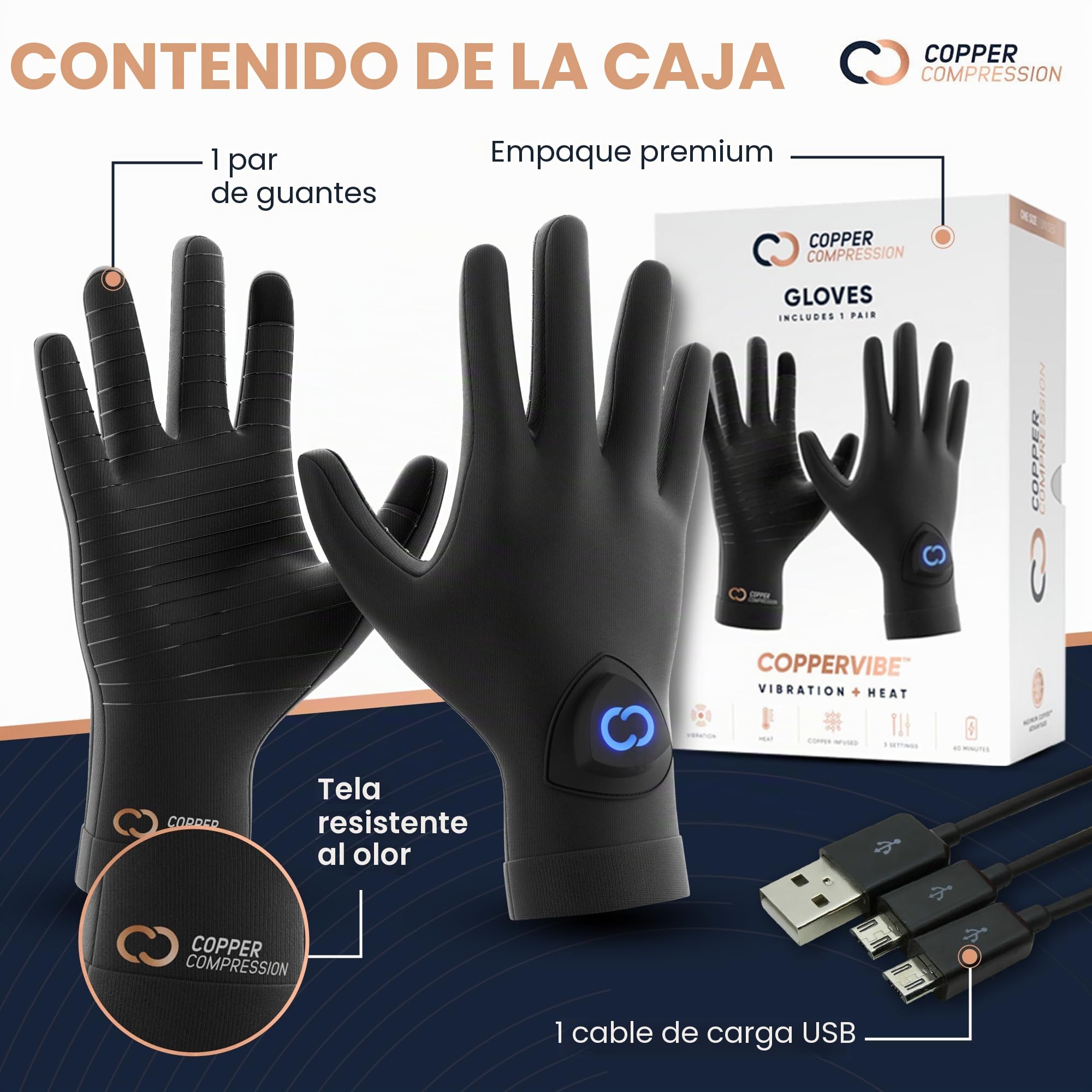 Copper Compression CopperVibe - Guantes de vibración y calor - Masaje de manos con calefacción