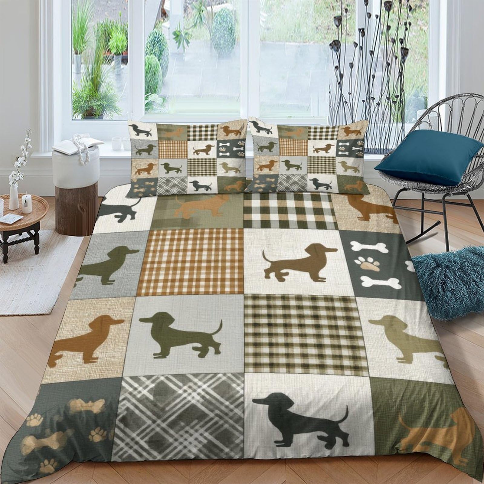 Ctjqhvkz Style-5 3D Printed Patchwork Dachshund Fitted Sheet Microfiber Soft Breathable Plaid Bed Cover For Bedroom Guest Room Decor Single（135X200cm）