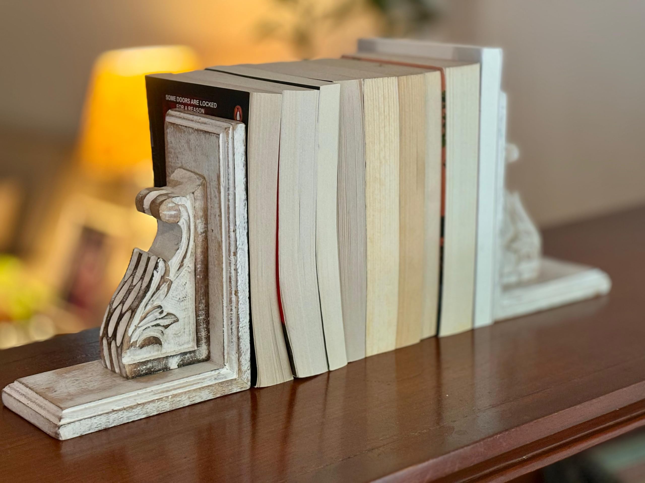 Fermalibri In Legno Di Noce Con Base Metallica - Supporti Decorativi Moderni Per Libreria E Scrivania - Foto 5