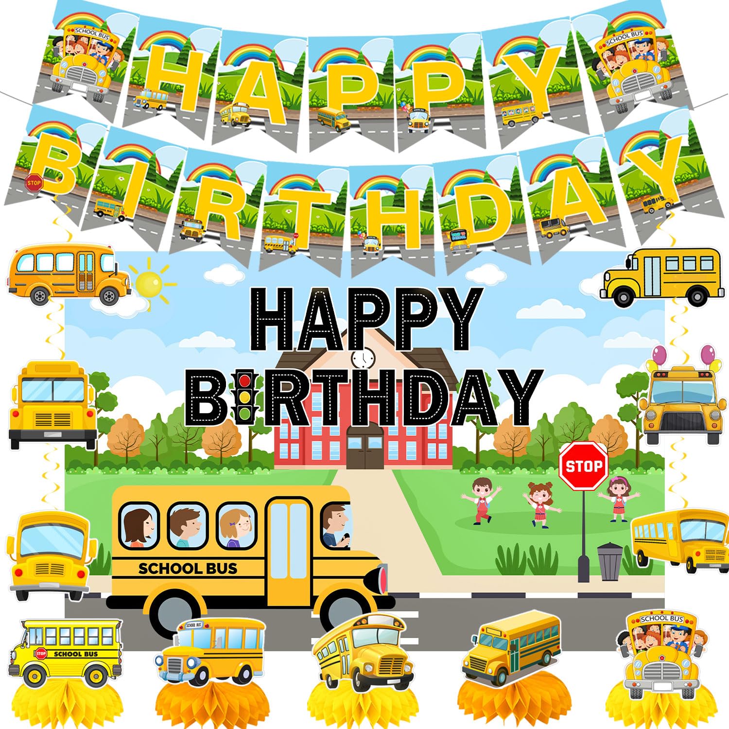 On The Bus Party Decorations School Bus Birthday Party Decor Supplies Includes Happy Birthday Banner Hanging Swirls