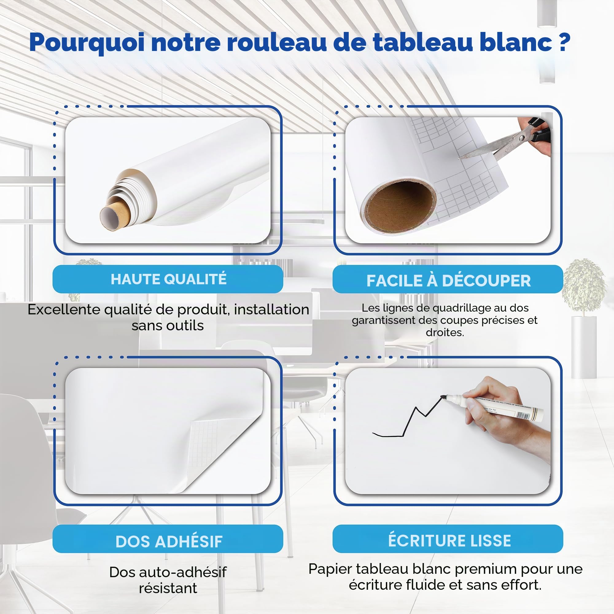 Rouleau autocollant tableau blanc 335 x 90 cm – Effaçable à sec sans traces, film adhésif anti-taches – Facile à poser pour maison, bureau et salle de classe