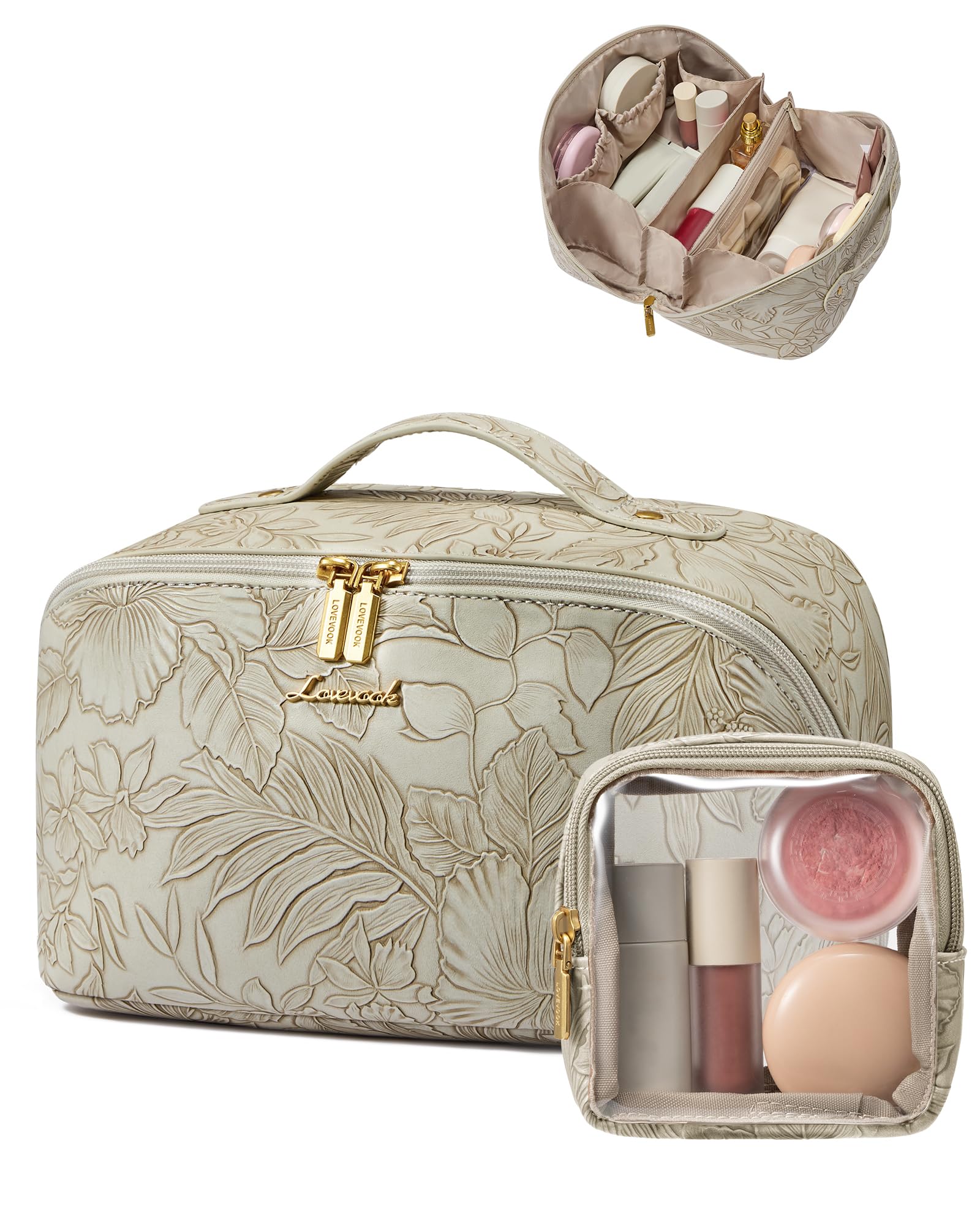 LOVEVOOK Travel Makeup Bag for Women, 2Pcs Large Capacity Cosmetic Organizer Bag, Waterproof PU Leather, Flat Open Portable Small Toiletry Pouch for Skincare, Brushes (Embossed White, Medium)