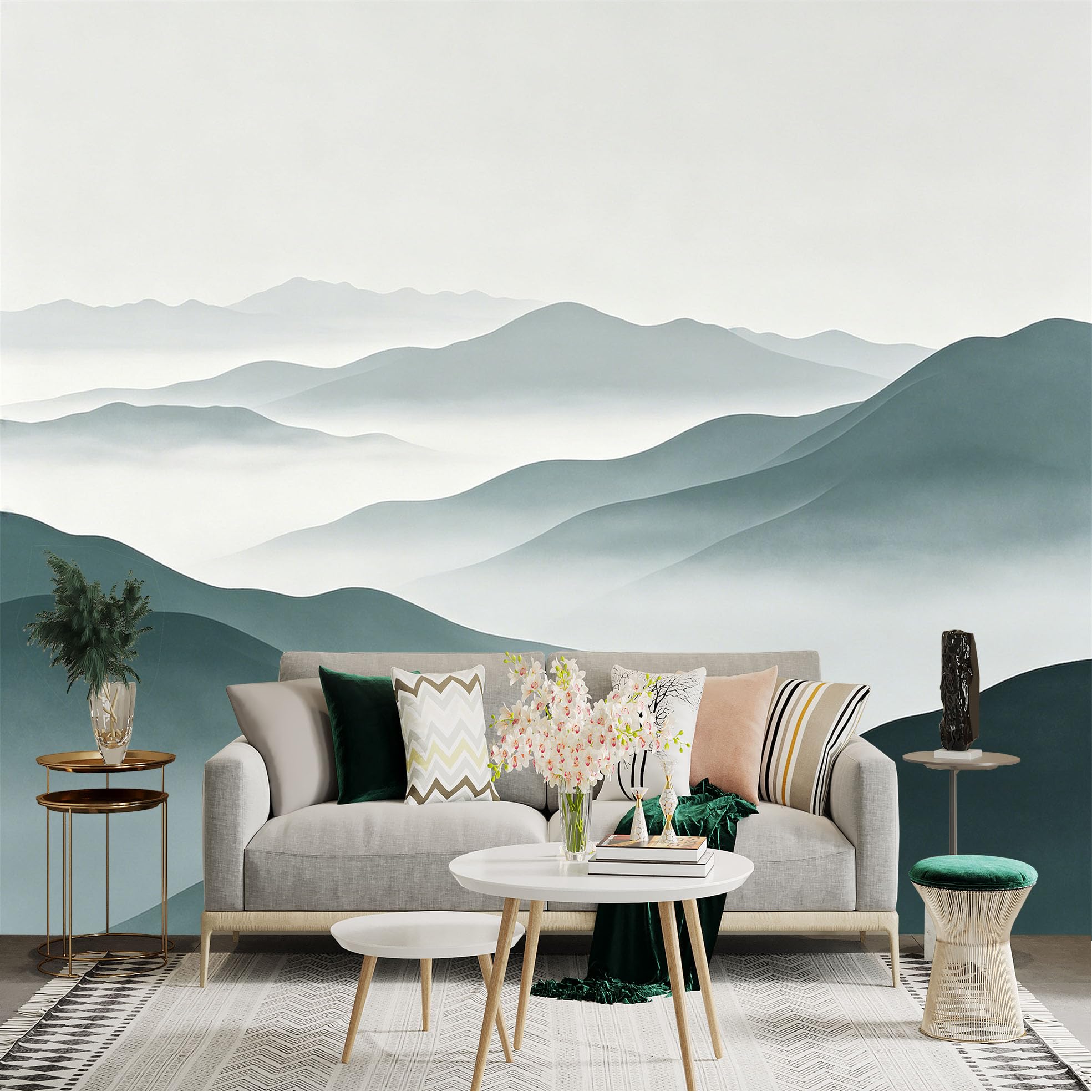 Lnzczhyre Dbh260521894 Custom Size Wall Sticker Mural， Abstract Minimalist Foggy Mountains， Serene Rolling Hills In Ink Wash Style， For Wall Decoration， Peelandstick Wall Decals.