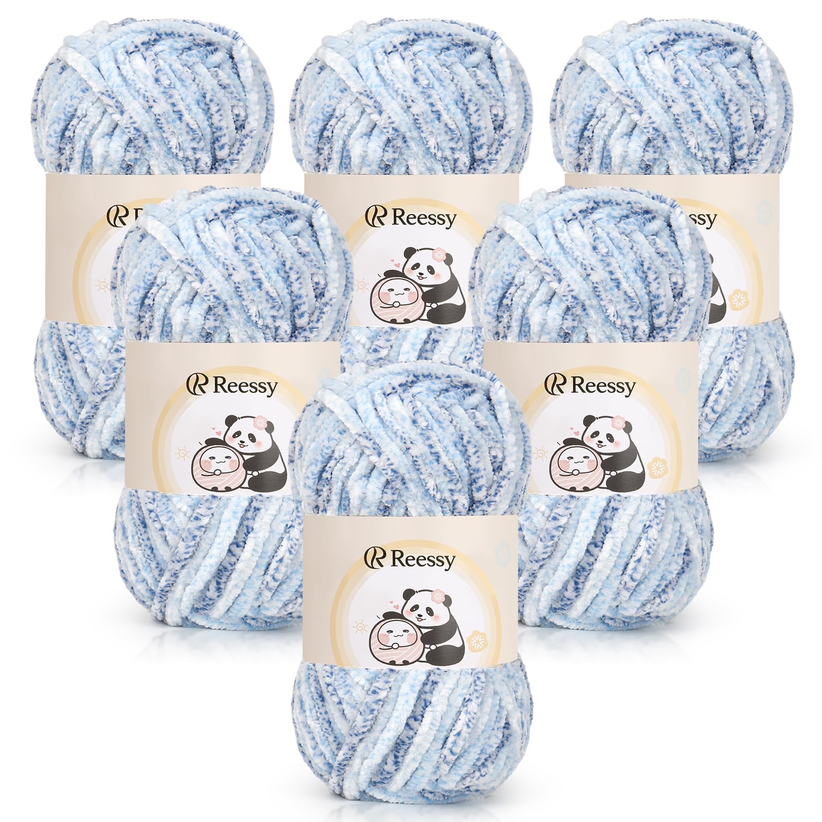 Reessy Chenille Yarn 600g(6×100g), Super Soft Fluffy Velvet Yarn Set, Thick Yarns Knitting Wool for Knitting and Crochet Amigurumi, Handbag, Blankets, DIY(Ice Blue)