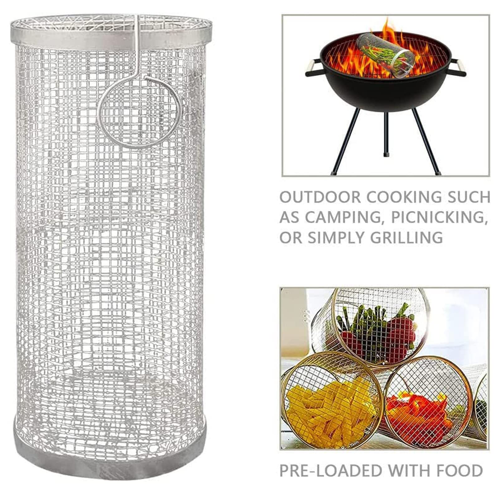 Cestello per griglia Rotante,Portable Stainless Steel Grill Basket per Barbecue da Esterno,Verdure,Barbecue,per Patatine,Pesce,gamberetti,Campeggio Essentials,L,2PCS