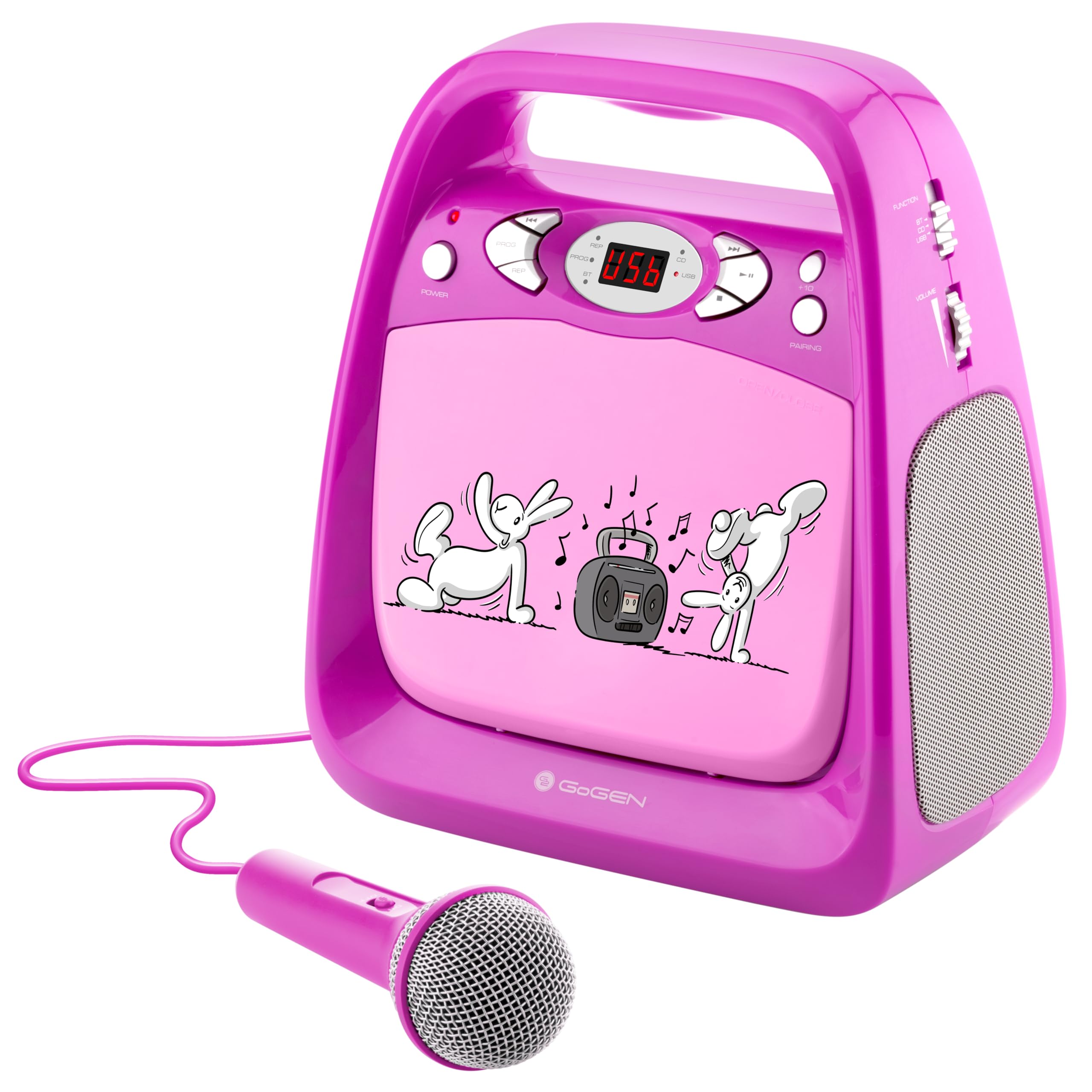 GOGEN Karaoke infantil y reproductor de CD I USB I MP3 I micrófono incluye salida de auriculares I portátil I batería o fuente de alimentación I Bluetooth I Fabricado para niños I Rosa
