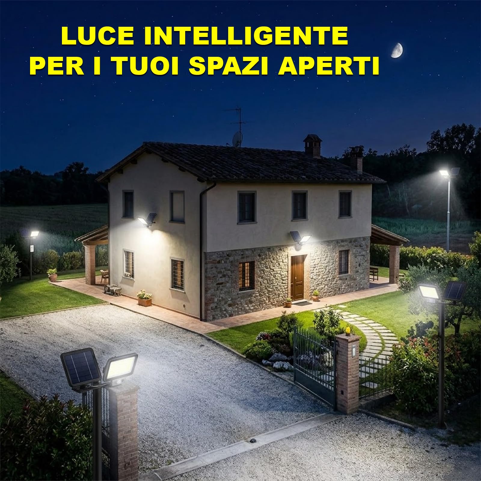 Kit 5 Faretti Solari LED da Esterno con Sensore di Movimento e Crepuscolare Automatico, Pannello Separato, Telecomando, Impermeabile IP66, Luce Potente per Giardino, Garage, Cortile, Strada, Vialetti