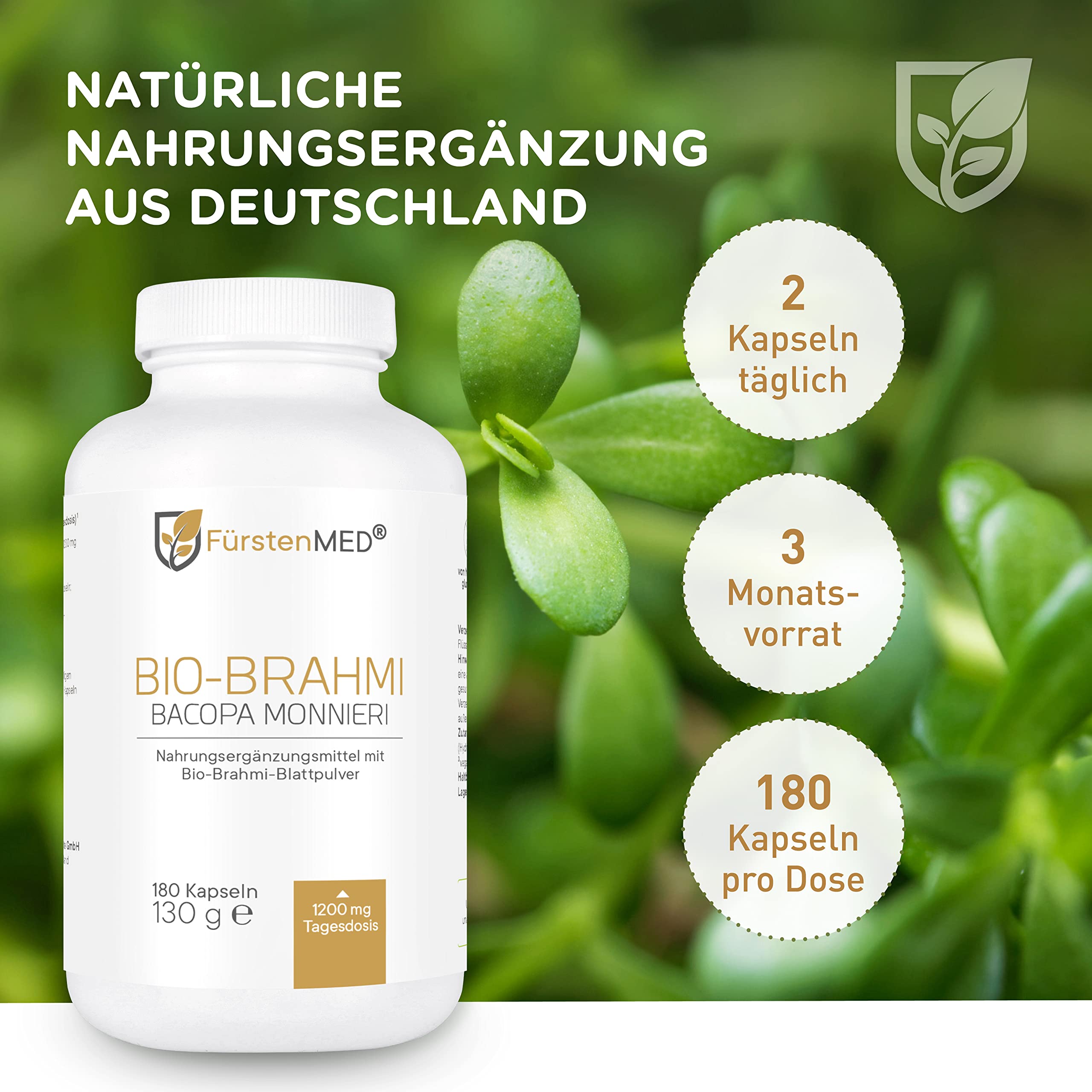 FürstenMED® Brahmi Kapseln Hochdosiert mit 1200 mg je Tagesdosis - 180 Kapseln Bacopa Monnieri Laborgeprüft, Vegan & Ohne Zusatzstoffe