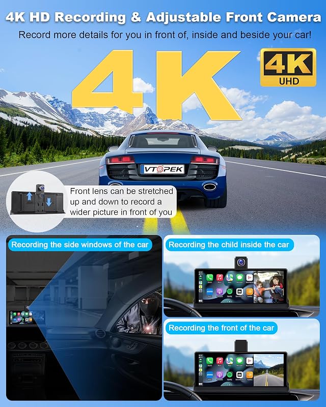 Vtopek 10,26" 4K Apple CarPlay Kijelző 350° Forgatható Kamerával - Vezeték Nélküli Android Autós Monitor, Bluetooth, Siri, Navigáció, 64GB T