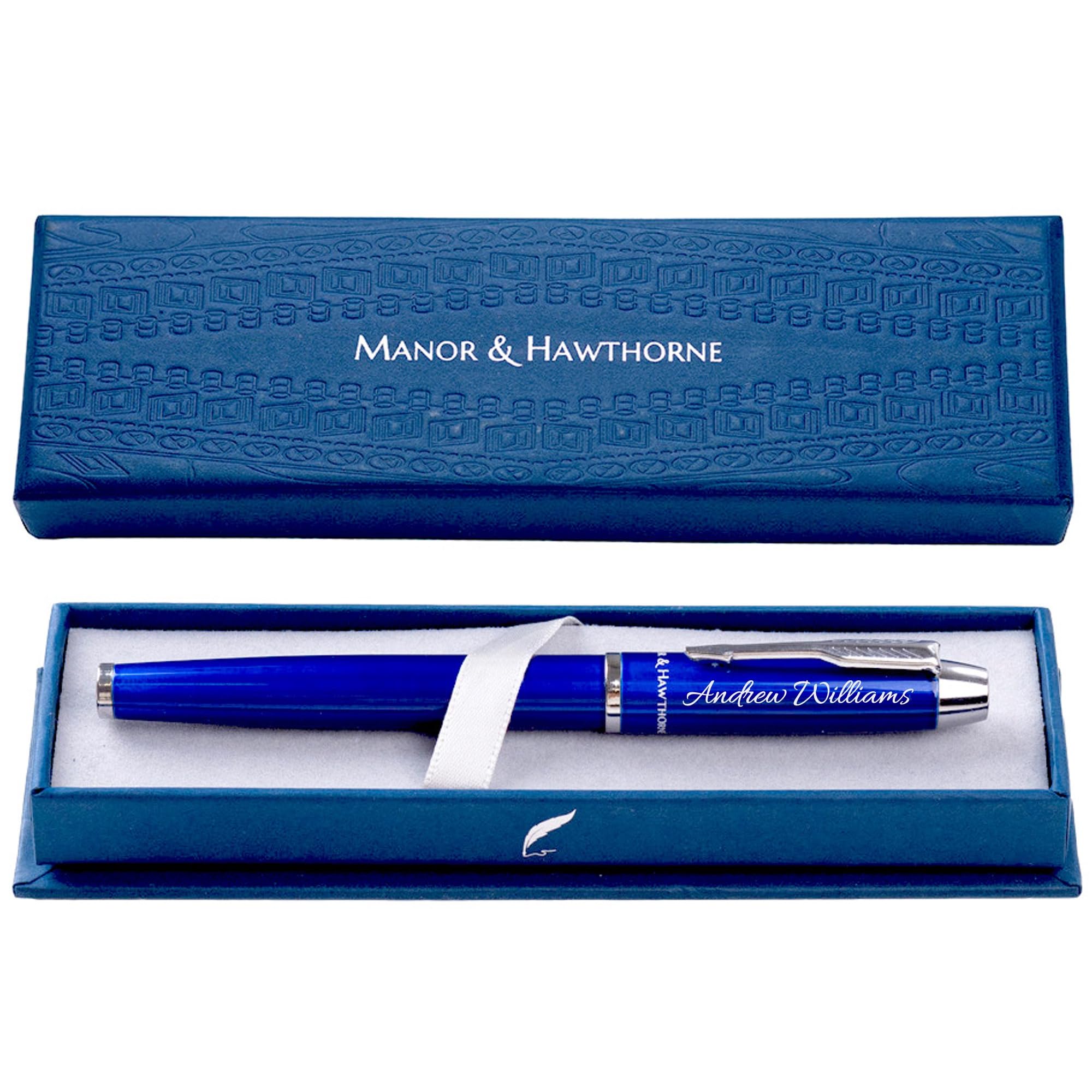 Manor & Hawthorne Personalised Luxury Black Rollerball Pen – Engraved Gift with Elegant Presentation Box, Ideal for Corporate Gifts, Birthdays, and Anniversaries (Cobalt Blue (Personalised))