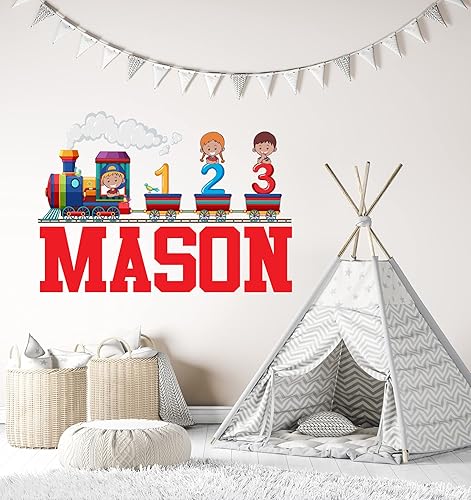 Miniatura 2 de Calcomanía de pared de tren con nombre personalizado, calcomanías de pared de tren para niños, arte de pared personalizable para decoración de