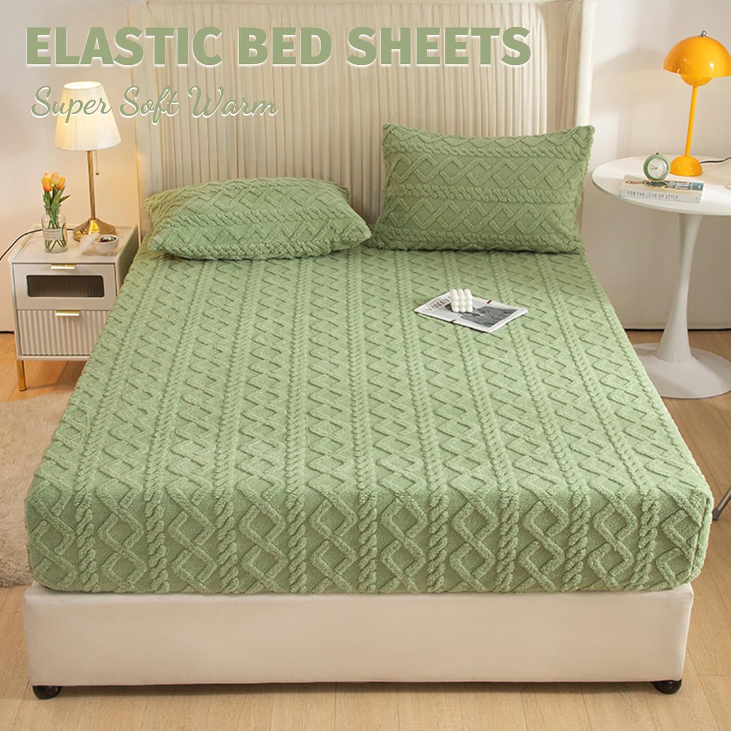 Elastic Bed Sheets, Flannel Velvet Bed Sheet Winter Super Soft Warm Bedspread Deep Pocket (Yellow,King)