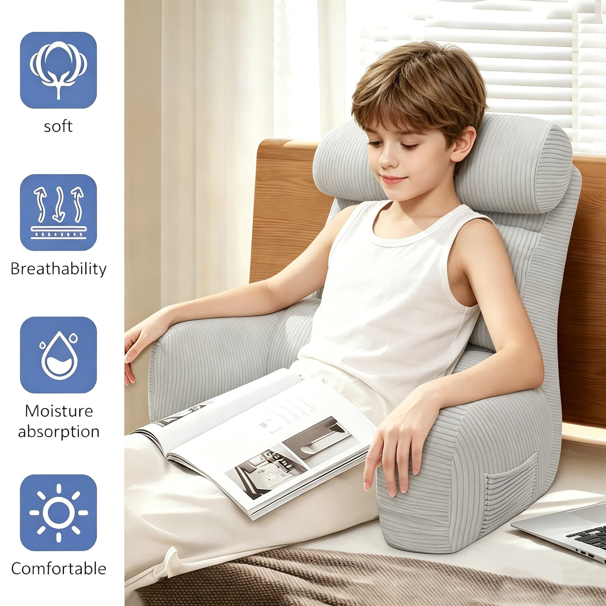 Lesekissen für bett und sofa mit Armlehnen & Abnehmbarer Nackenstütze | 70x40cm Höhenverstellbares Rückenkissen für Bett & Sofa | Reading Pillow Rückenstützkissen zum Lesen,Fernsehen,Entspannen (Grau)