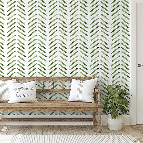 Miniatura 3 de VEELIKE Papel tapiz de espiga verde pepinillo para despegar y pegar, papel tapiz bohemio de cheurón, para dormitorio, 17.7 x 118 pulgadas, diseño