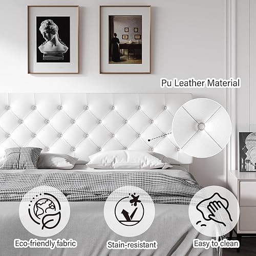 Miniatura 3 de Base de cama Queen con cabecero, base de cama tapizada de piel sintética, marco de cama blanco tamaño Queen, soporte de listones de madera, no