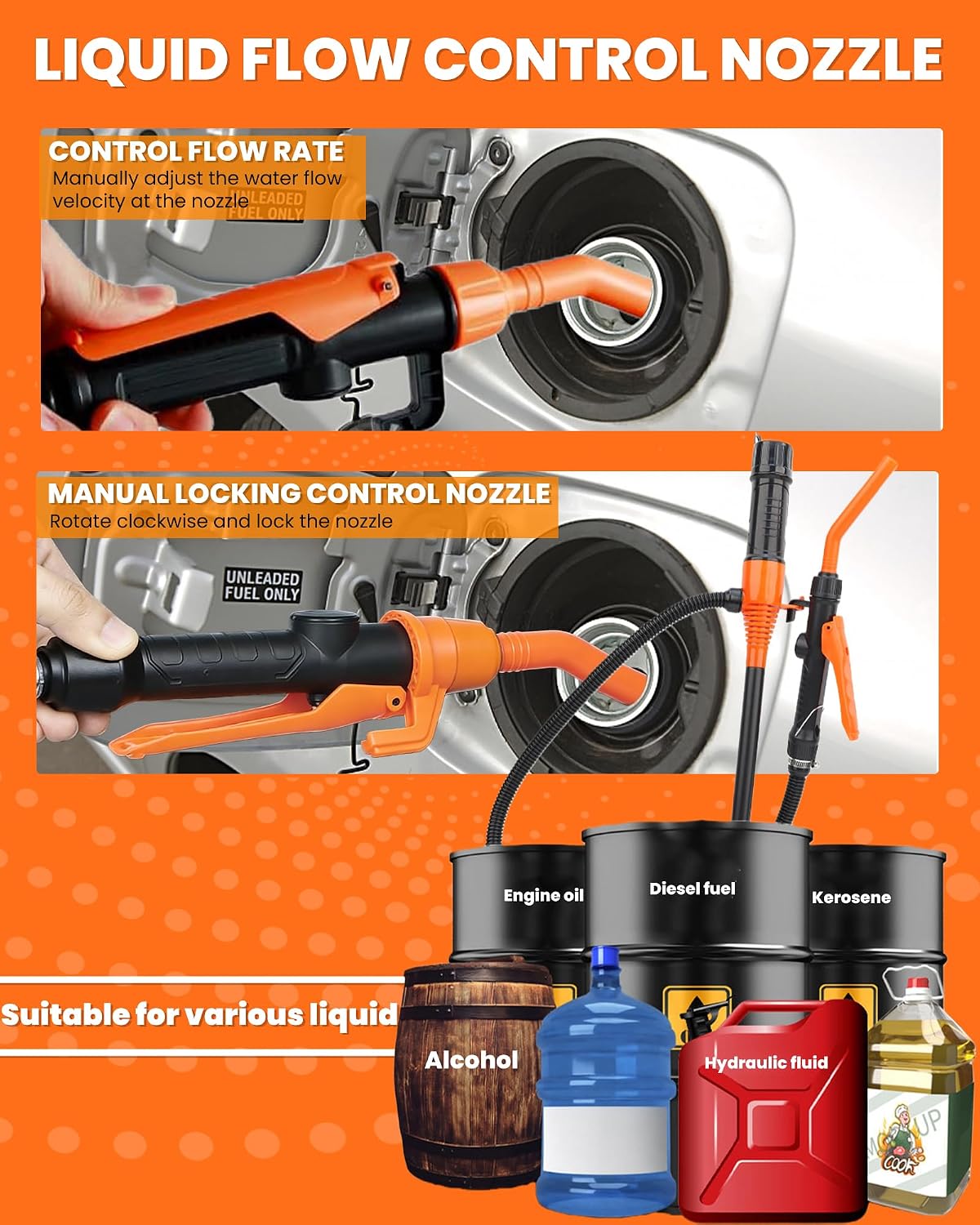 2.8 GPM Portable Fuel Transfer Pump,Powered Fuel Transfer Pumps,Multi-Use Siphon Pump for Petrol, Diesel & Water, with Powerful Suction Ergonomic Nozzle 39 Inches Hose & Glove