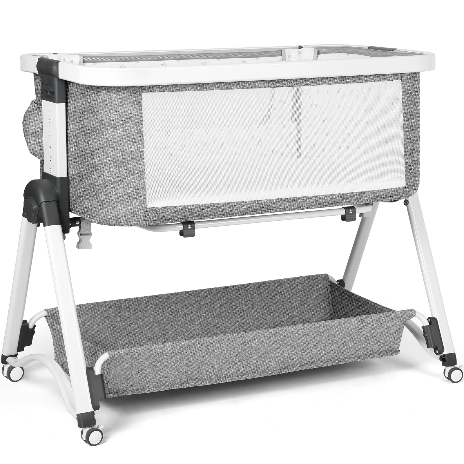 Cowiewie Baby Bassinet,Beside Sleeper for Baby Breathable Mesh | Rocing Function | Height Adjustment Bedside Bassinet with Storage Basket and Wheels to Reduce The Risk of Suffocation(Swingable)