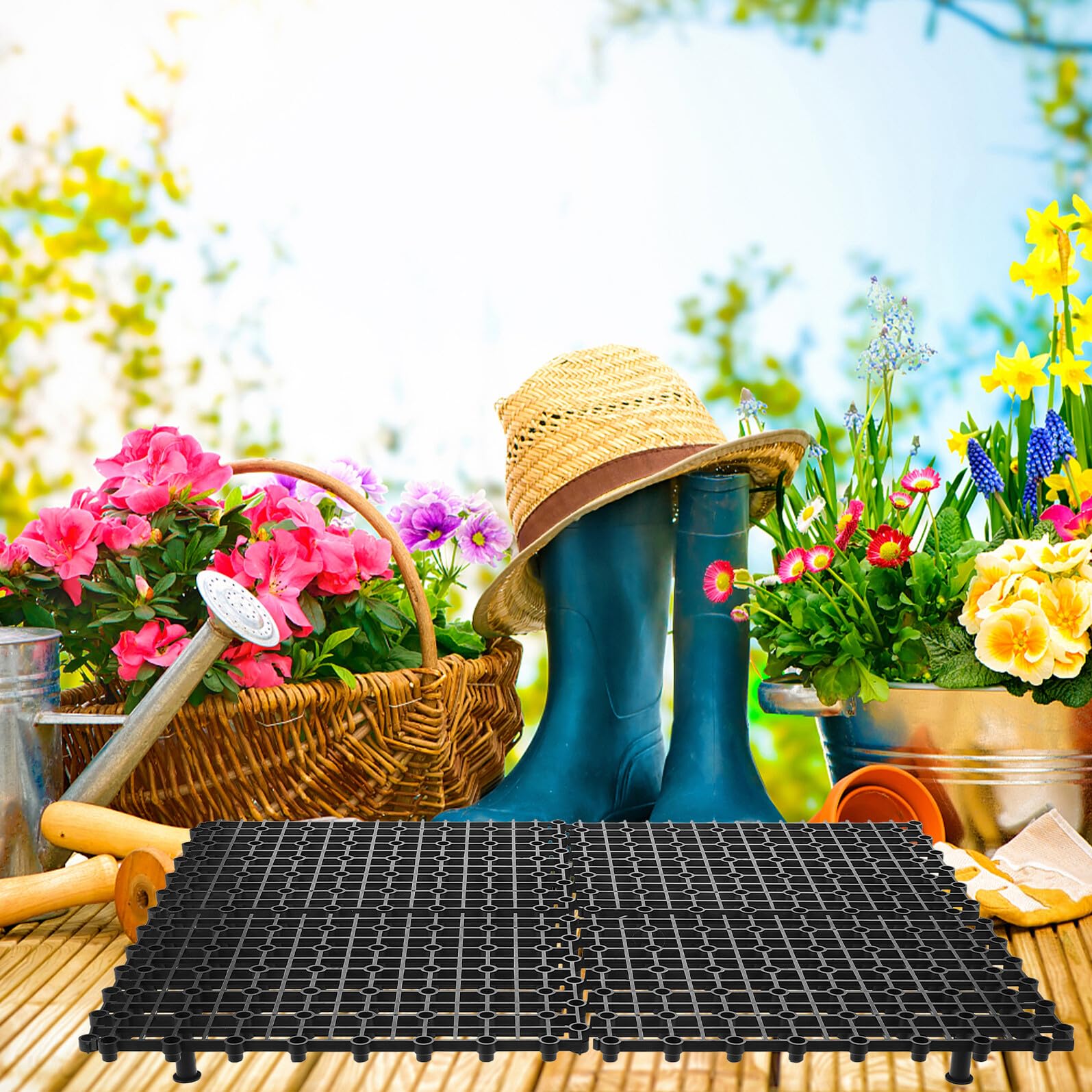 Lot de 4 grilles de bassin de jardin - Noir - 25 x 19,5 x 1 cm - Avec 80 pieds de support - Plateau filtrant modulaire pour fontaines extérieures et jardins aquatiques - Accessoires durables