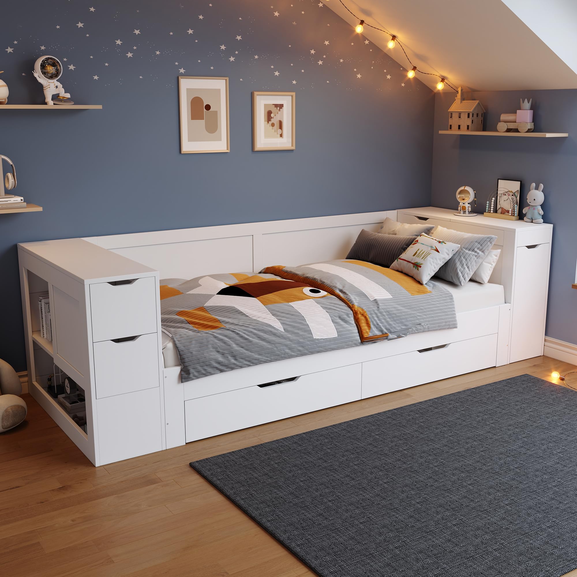 Letto singolo 90 x 200 cm, con comodino e libreria, divano letto con vano portaoggetti testiera e cassetti, letto con ripiano e rete a doghe, senza materasso, bianco