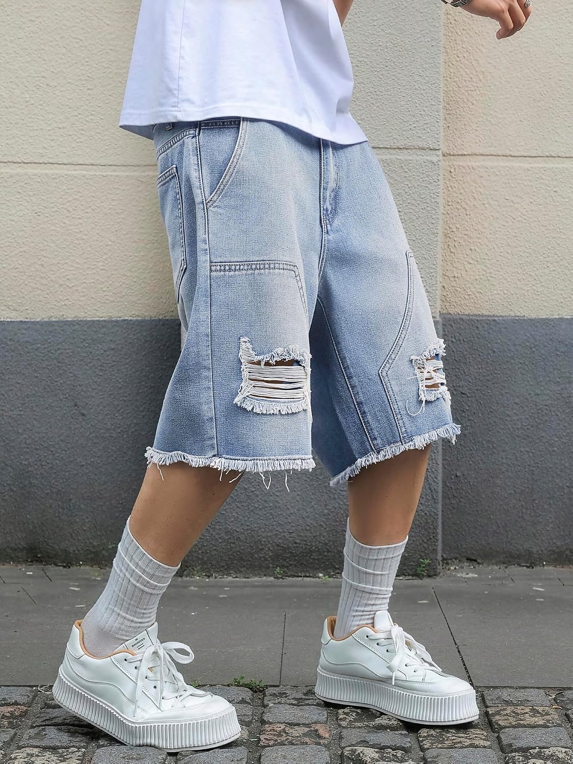 Mens Y2K Carpenter Baggy Jean Shorts, Ripped Jorts Wide Leg, Distressed Cargo Long Denim Shorts Loose Fit Streetwear Summer