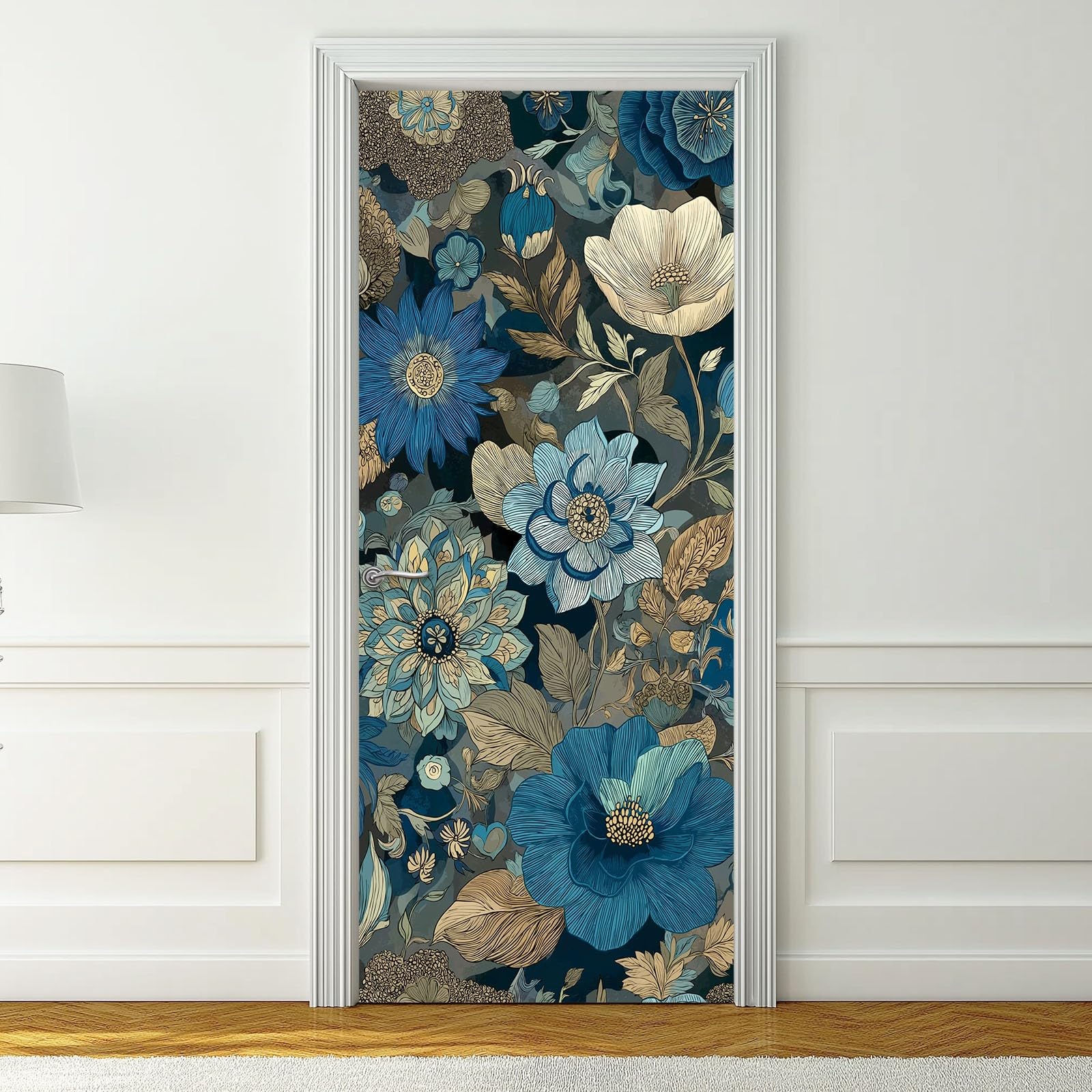 Naklejka na drzwi 3D, samoprzylepna, PCW, 90 x 200 cm, zdejmowana, niebieska, wodoszczelna, do sypialni, kuchni, łazienki, biura, tapeta na drzwi - vintage wykwintny motyw dalii, naklejka na drzwi