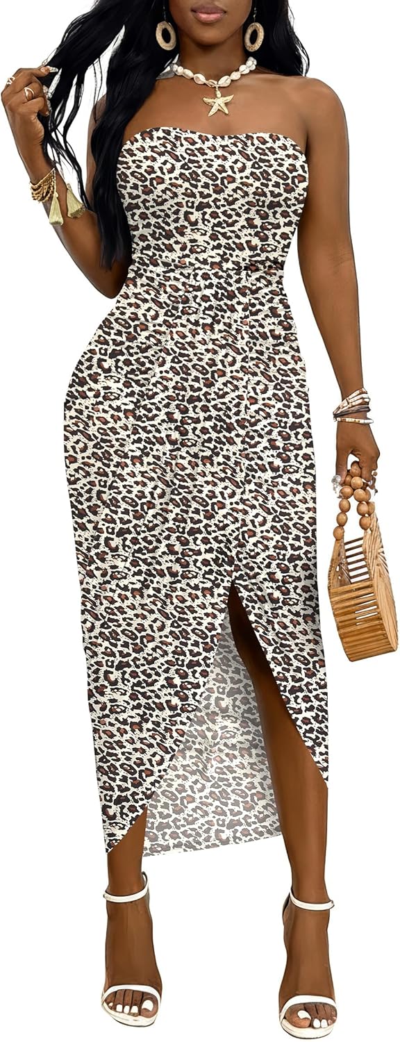 Umenlele Women's Strapless Ruched High Waist Wrap Split Asymmetrical Beach Maxi Long Dress - Image 4