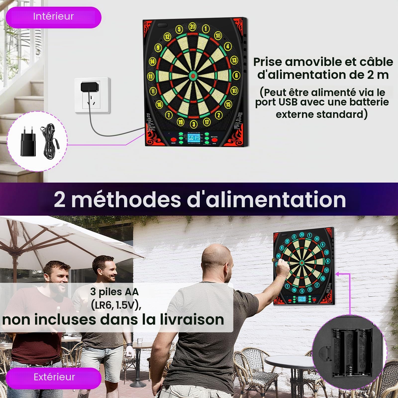 Mejasg Cible de fléchettes électronique avec voix allemande, anneau lumineux et écran LCD, cible de fléchettes électronique avec 34 jeux et 369 variantes, cible de fléchettes électronique pour adultes