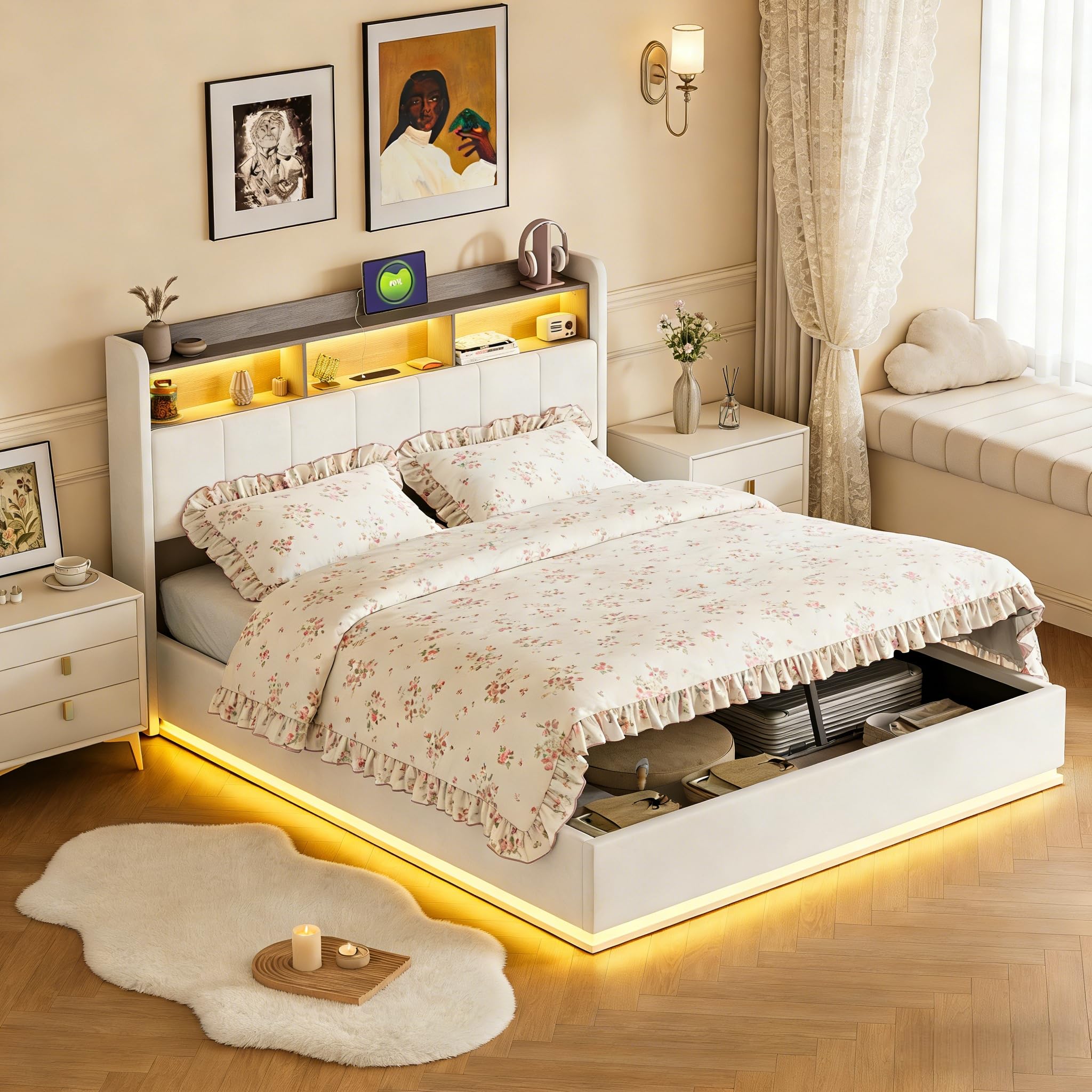 Letto Imbottito 160 x 200 cm, Letto Matrimoniale con Contenitore, letto una Piazza e Mezza, con LED e Ricarica USB, Letti con Rete a Doghe, Testiera con Vano Portaoggetti, Velluto, Bianco