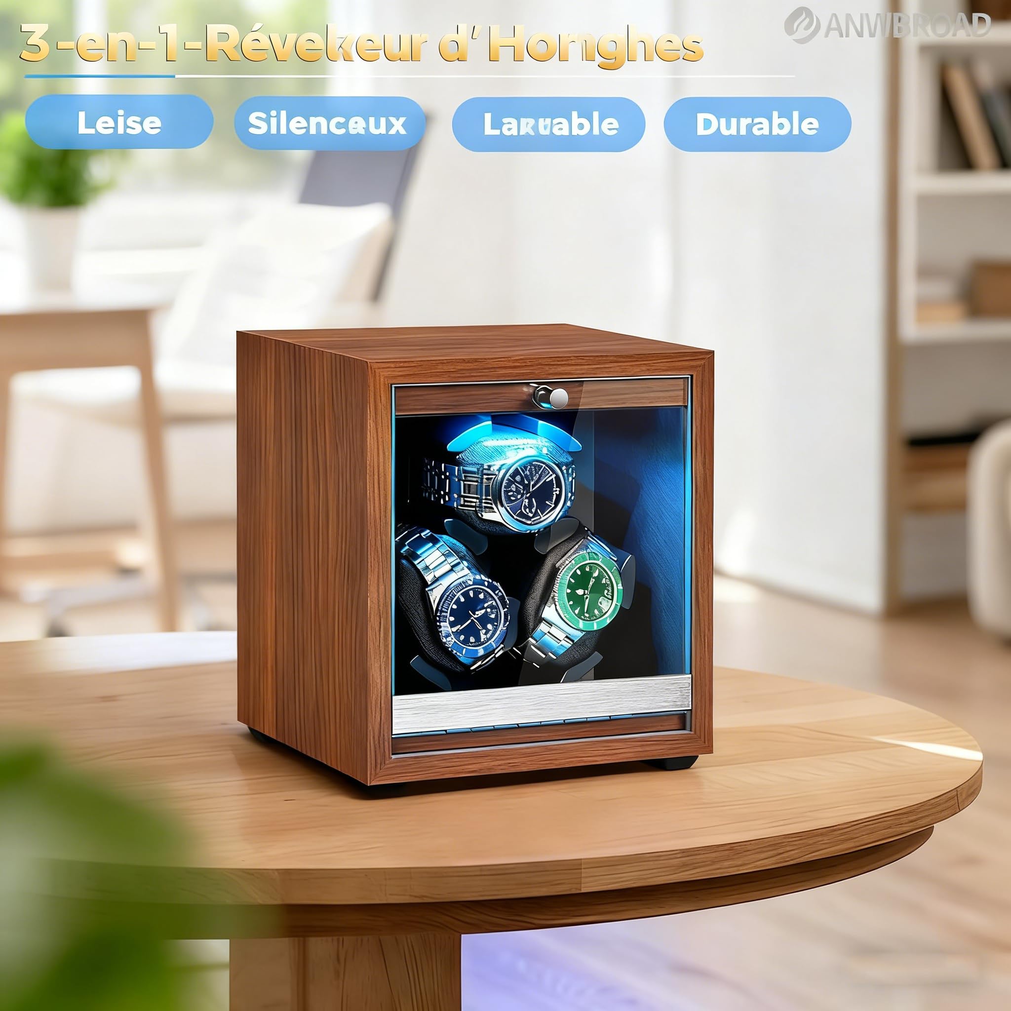 ANWBROAD Remontoir Montre Automatique 4 Modes 6 Montres Remontoir Montre Automatic avec LED Bleues Boite Ecrins pour Watch Winder Porte en Acrylique JWW013M
