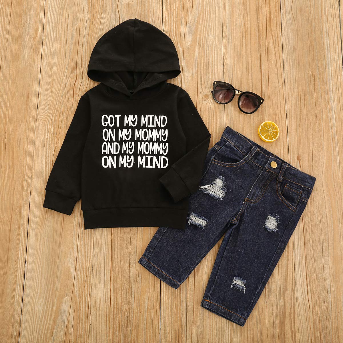 Toddler Baby Boy Girl Clothes Long Sleeve Letters Printed Sweatshirt Top Jeans Denim Pants Fall Winter Outfit (Got My Mind, 18-24 Months)