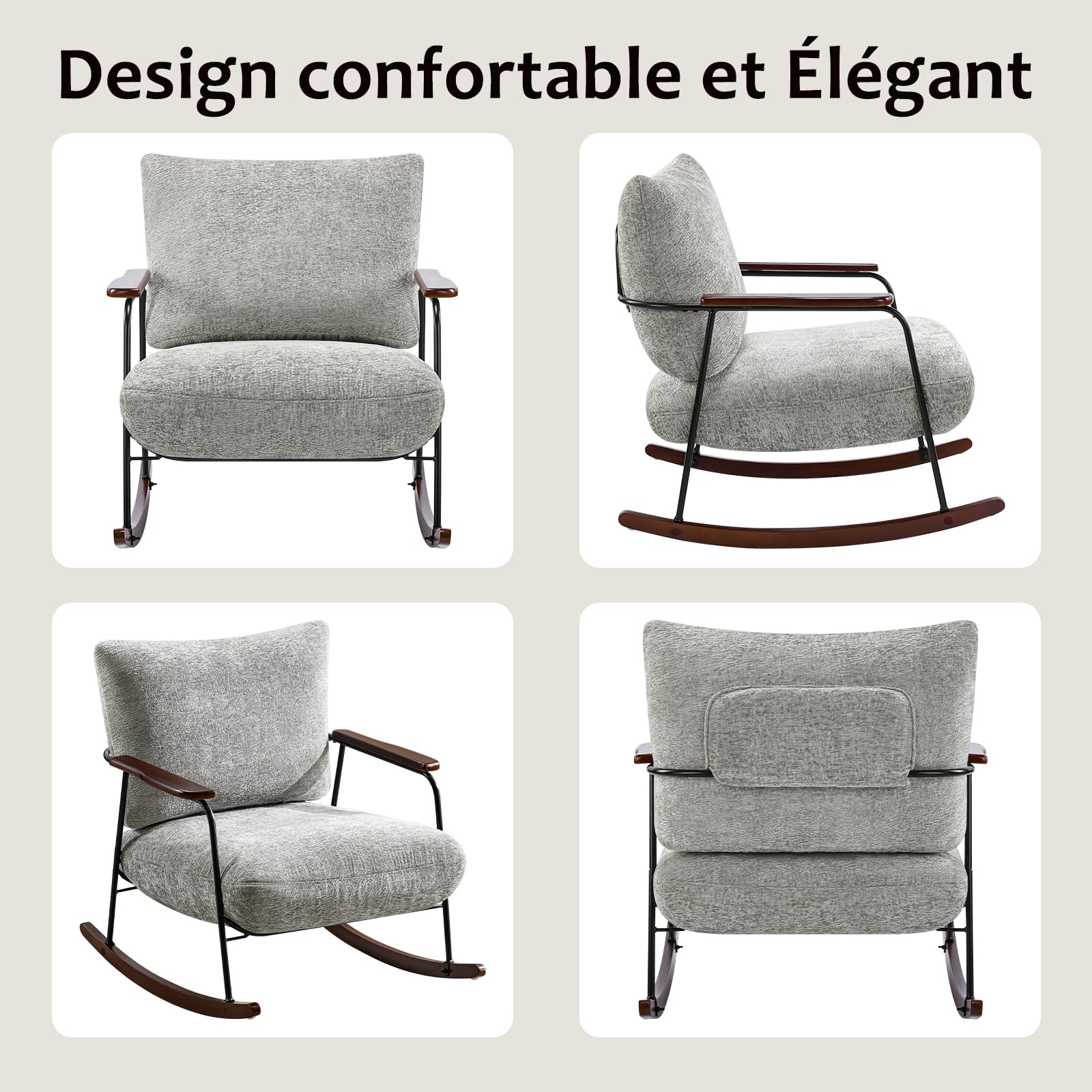 Hellove Fauteuil à Bascule Cocooning en Chenille – Rocking Chair Moderne avec Pieds Bois Massif, Fauteuil Relax pour Salon, Chambre, Coin Lecture, Gris