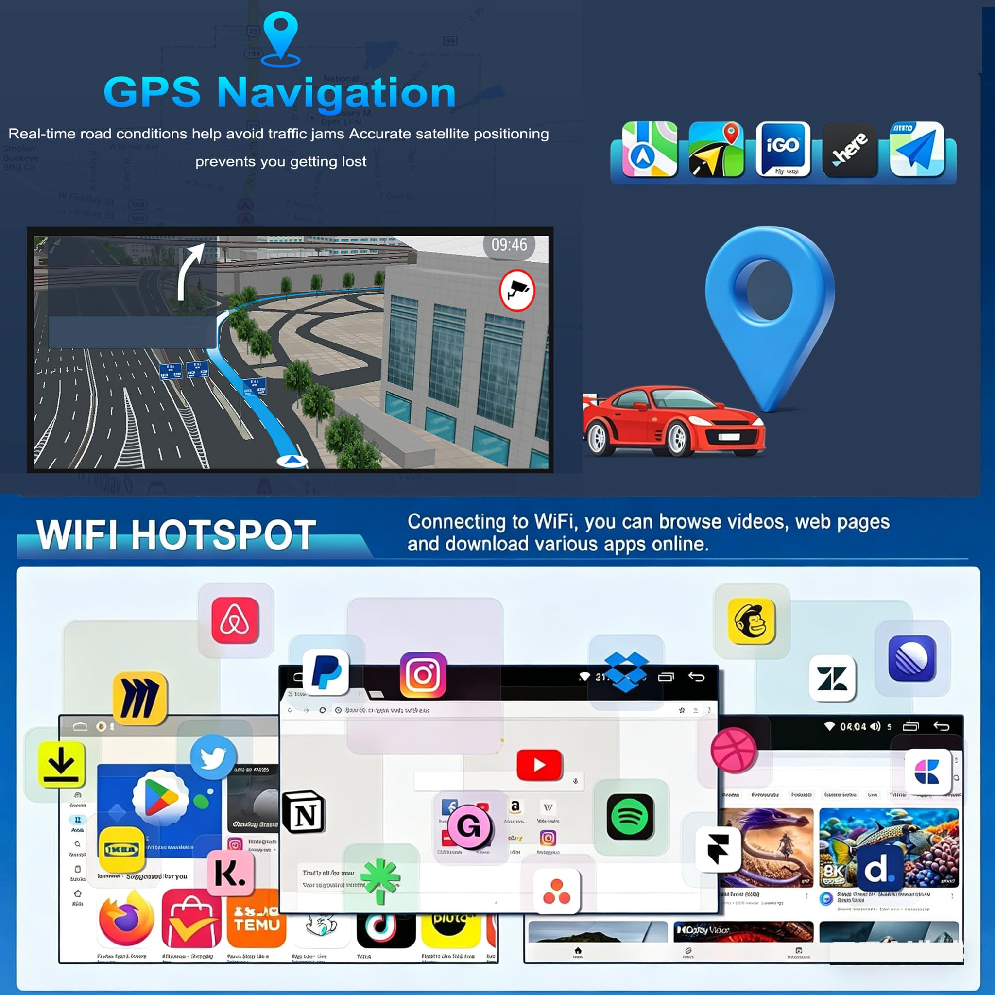 9-calowe Podwójne Radio Samochodowe Android Do Hyundai Genesis 2014-2016 Z Bezprzewodowym CarPlay I Android Auto Ekran Dotykowy Z Mirror Link/EQ/WiFi/SWC/Bluetooth, Kamera Cofania A(Color:4G 4G+64G)