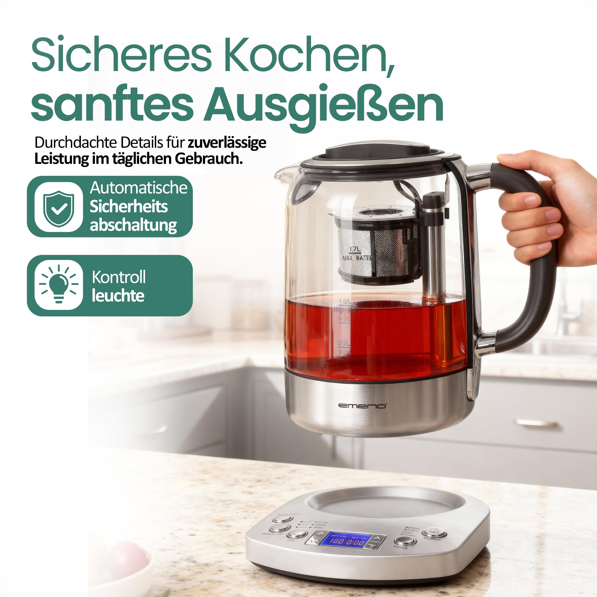 EMERIO Glas Teekocher Wasserkocher | 1,7 Liter | TESTSIEGER mit Note 1.3 | vollautomatisches Teesieb | Absenkautomatik | Borosilikatglas | Temperaturwahl | 2200 Watt | Schwarz/Silber | WK-122248