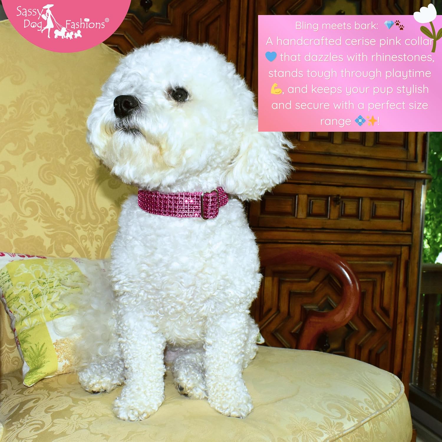 Sparkling Rhinestone Dog Collar, Engraved Buckle & Leash Options, Handmade USA, Bling Dog Collars Cute Personalized Jewel Pet Puppies XS Toy Breeds Small Medium Dogs (Dark Pink, X-Small 5/8 x 7-11")
