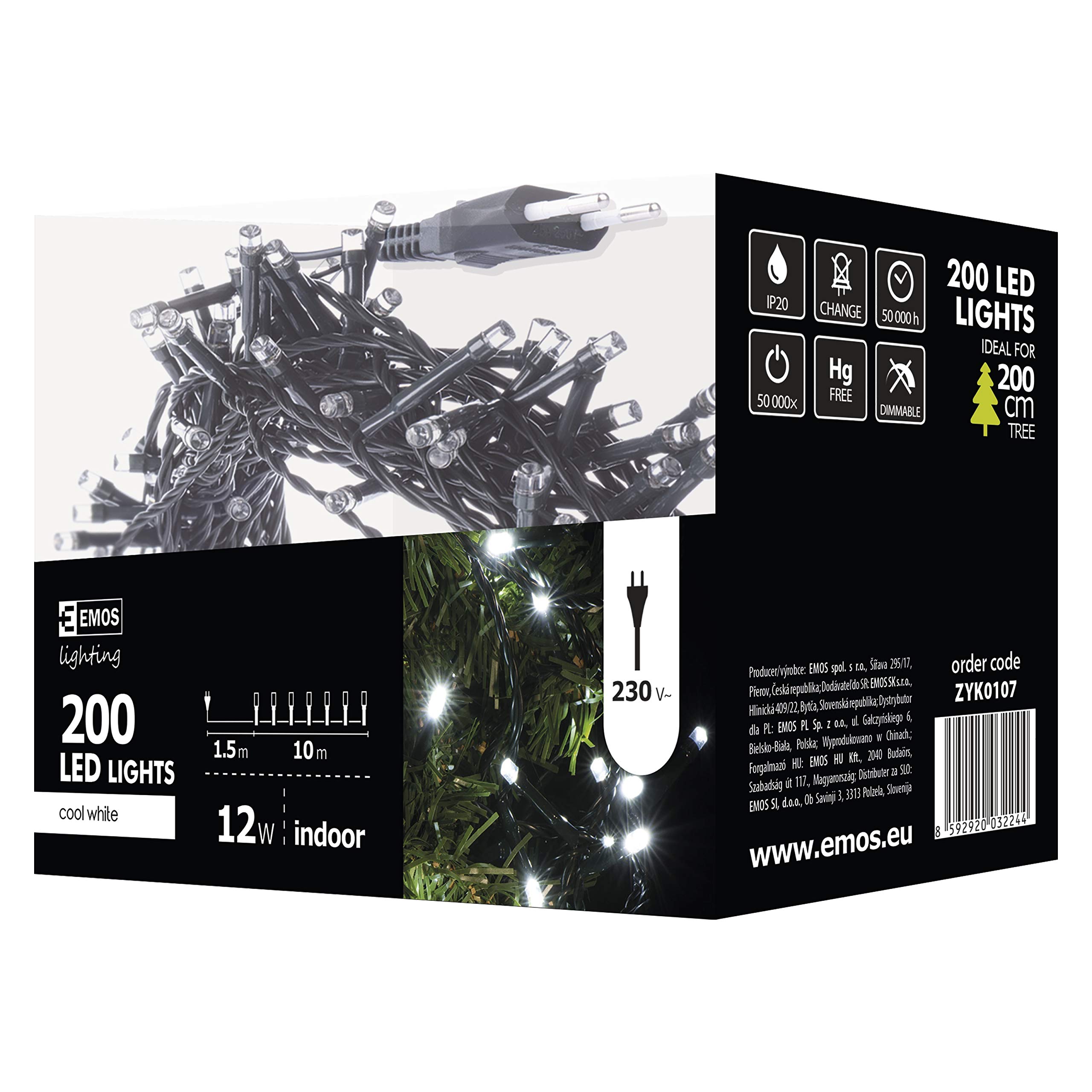 Emos Łańcuch świetlny LED typ Classic Cold, długość 11,5 m, 200 diod LED, 230 V z wtyczką, nadaje się do użytku wewnątrz klasa ochrony IP20, kolor: zimna biel