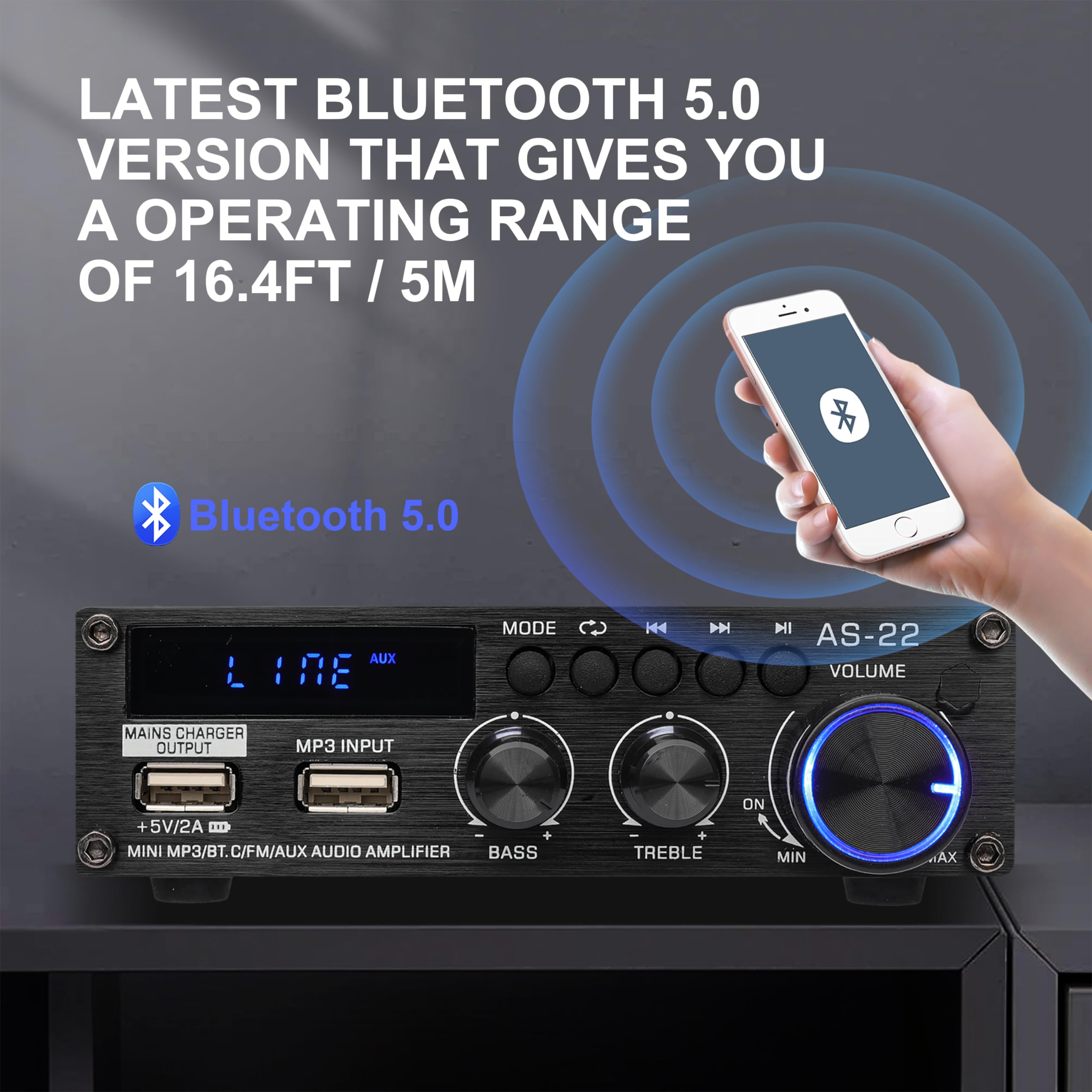 Amplificatore Stereo HiFi 600W Con Bluetooth 5.0 | Per Auto E Casa | Ingressi USB/SD E Radio FM | Telecomando Incluso
