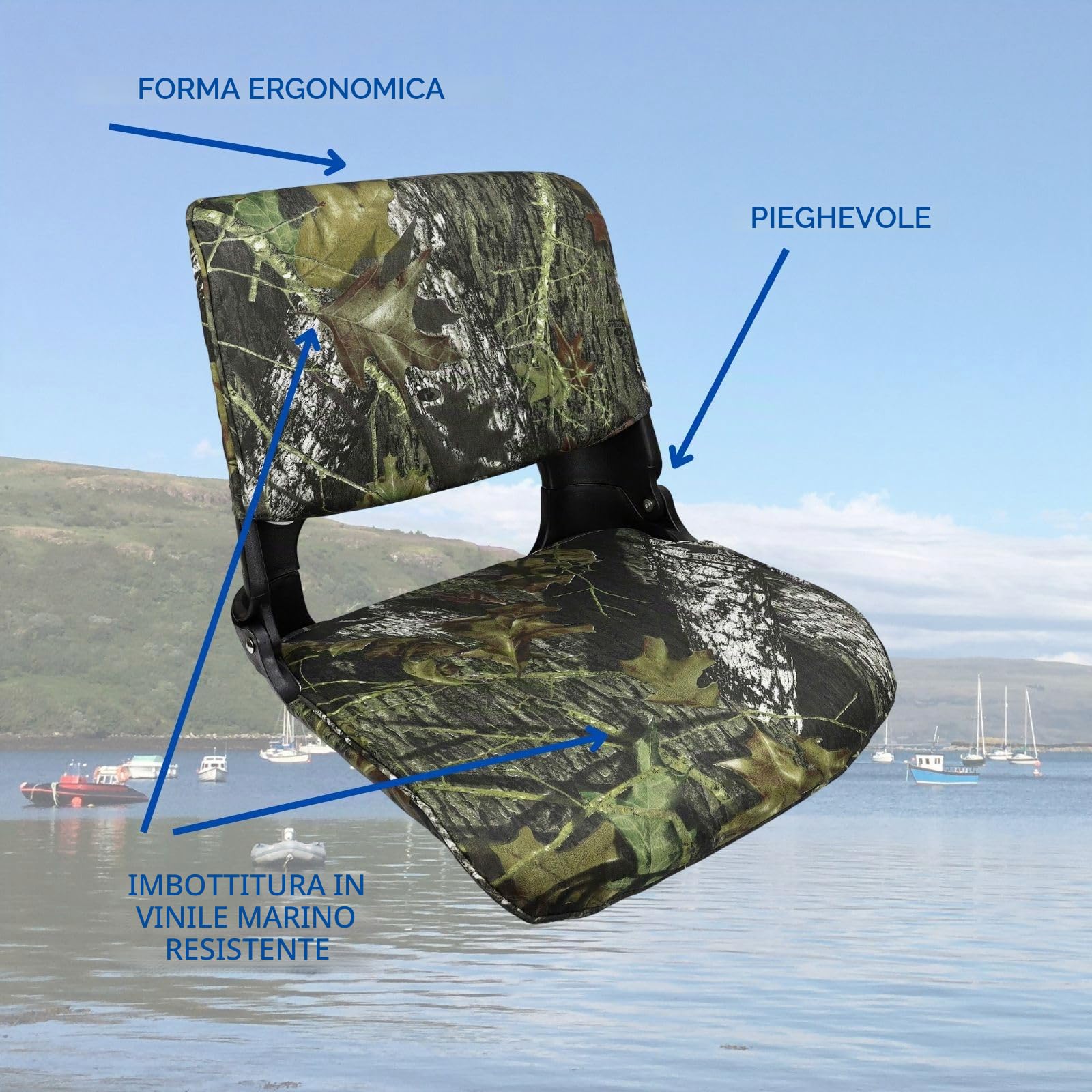 Sedile per barca Fischermann Comfort Mossy Oak Break Up | | Sedile per barca/timone pieghevole con imbottitura bassa del sedile e dello schienale | 51 x 36 x 46 cm
