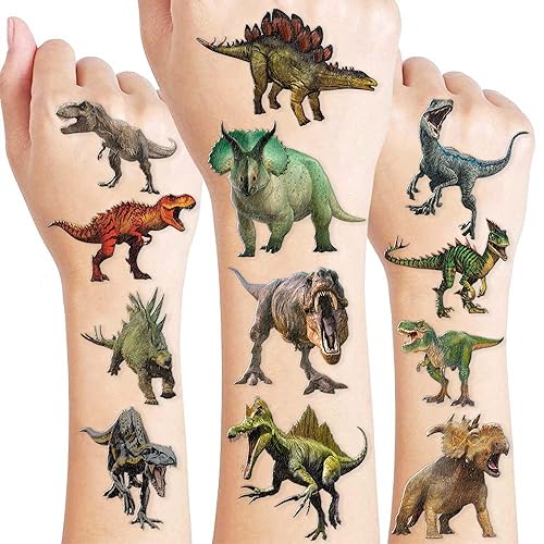 96 piezas de tatuajes temporales de dinosaurios realistas con temática de dinosaurio T Rex jurásico para fiesta de cumpleaños, suministros de
