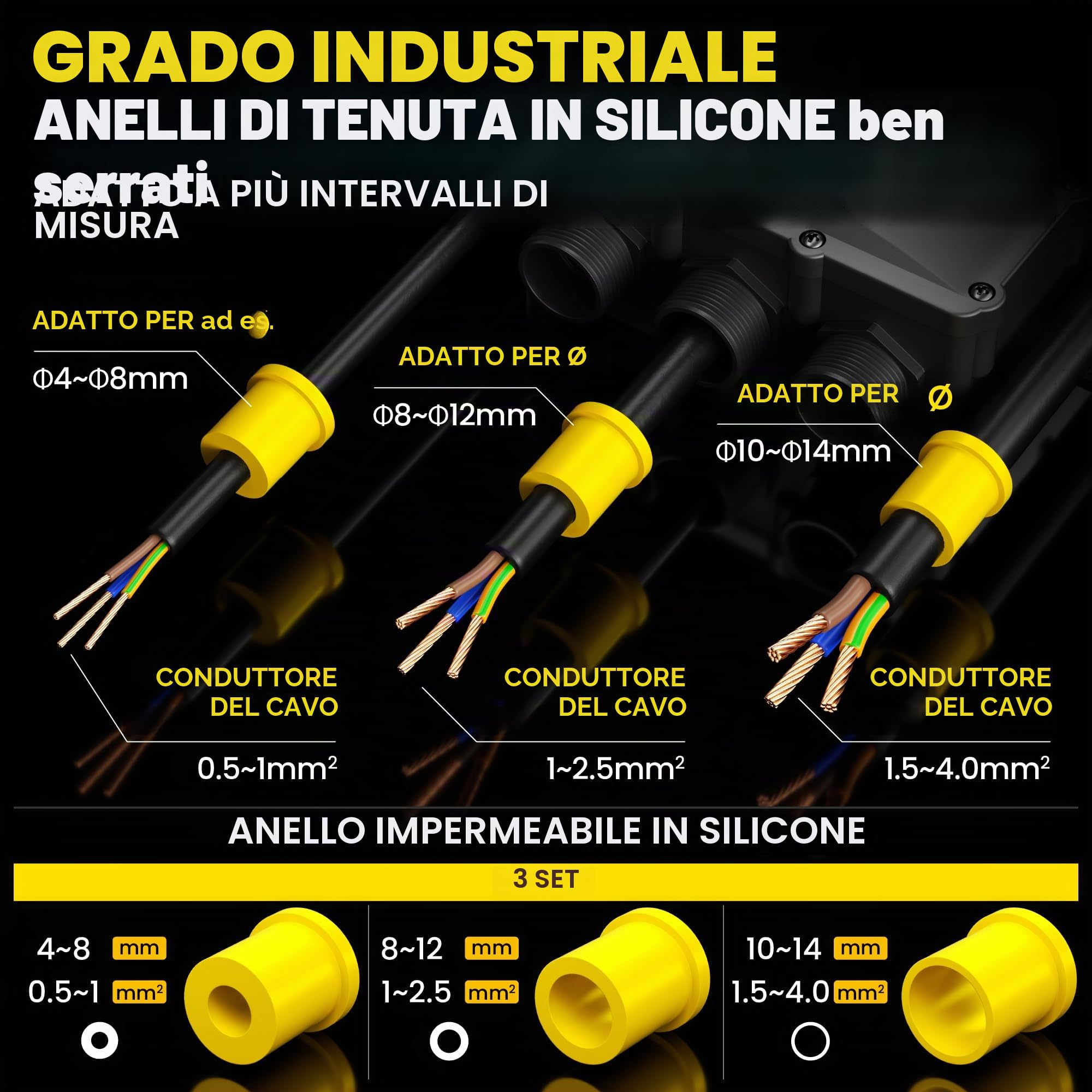 PEBA Scatola di Giunzione Impermeabile IP68, Connettori Elettrici, 4 vie Connettore Stagno Manicotto di Collegamento Cavo Sotterraneo del Area Esterna per Diametro del Cavo 4-14mm, Nero 2 pezzi