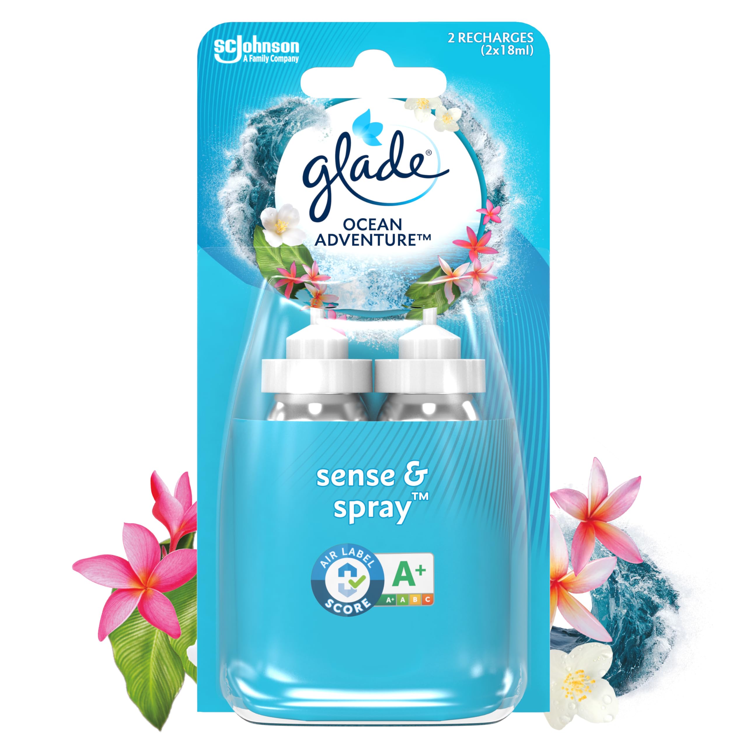 Glade Sense et Spray Recharge Duopack Diffuseur à Détection de Mouvement - Infusé Aux Huiles Essentielles - Jusqu'à 4 Mois de Parfum - Ocean Adventure - 2 Recharges