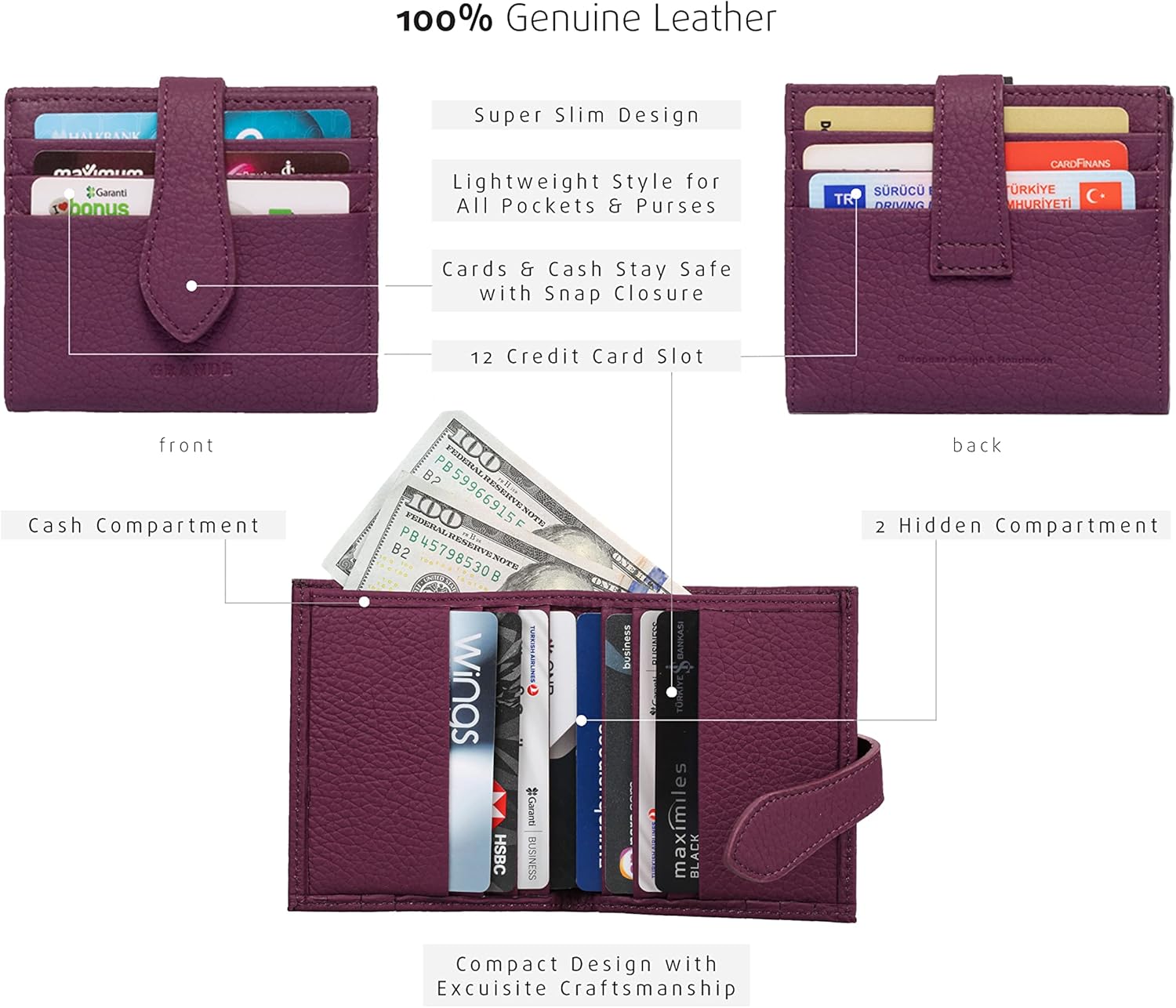 grande 3803 Genuine Leather Card Holder For Women and Men Slim Minimalist Card Case Small Snap Wallet (Purple) - Image 4
