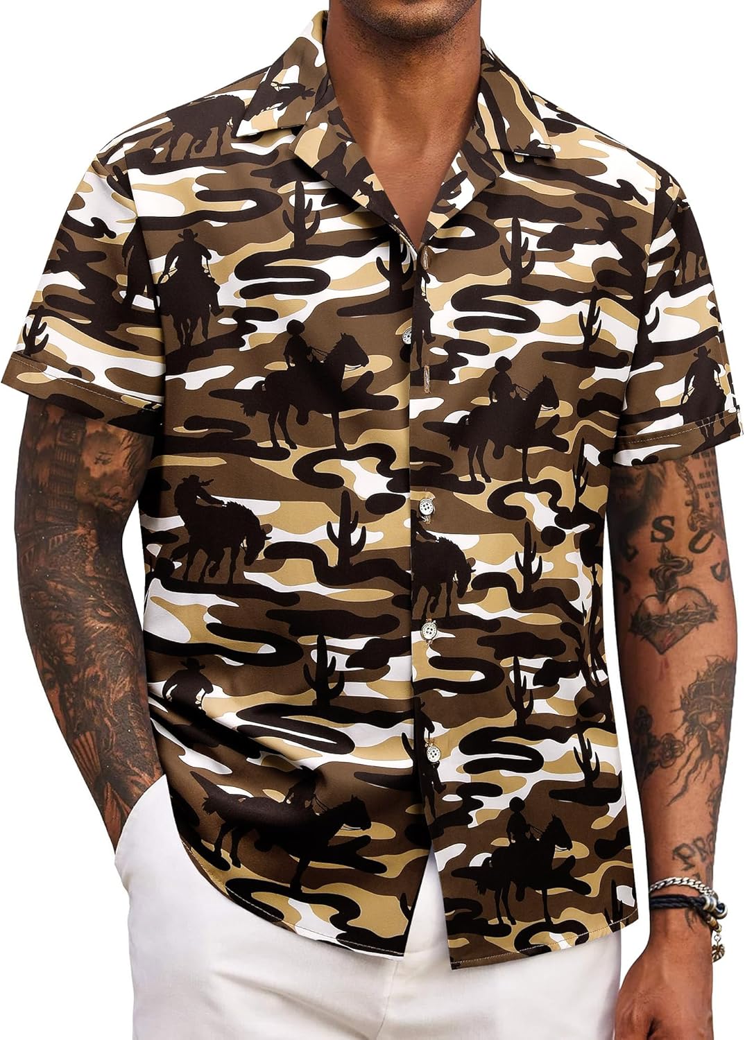 MYMORE Men's 2025 Western Cowboy Shirts Short Sleeve Vintaged Print Rodeo Button Up Shirt Summer Hawaiian Graphic Outfit