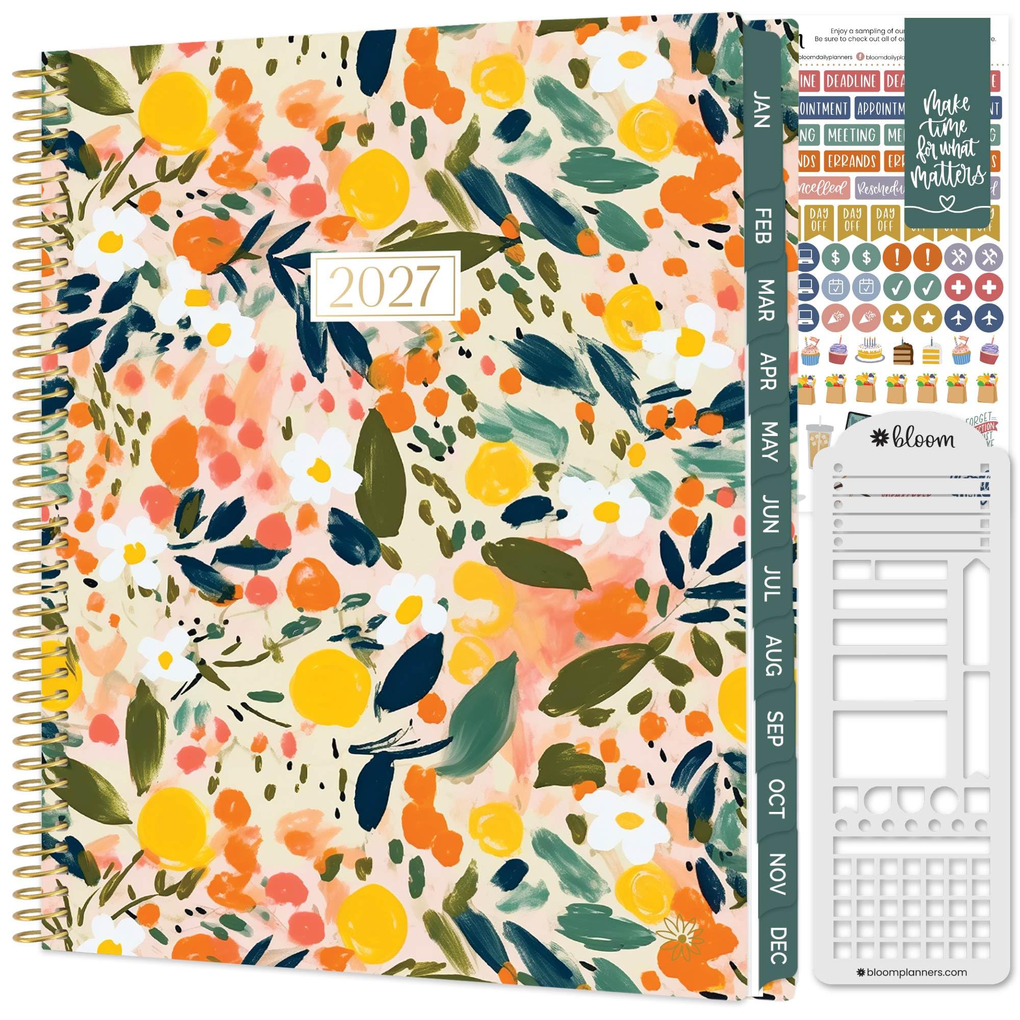 bloom daily planners Agenda 2027 para mujer (8.5 x 11 pulgadas), calendario semanal y mensual (enero a diciembre), organizador de libros de tapa blanda con calcomanías y plantilla, Citrus Grove