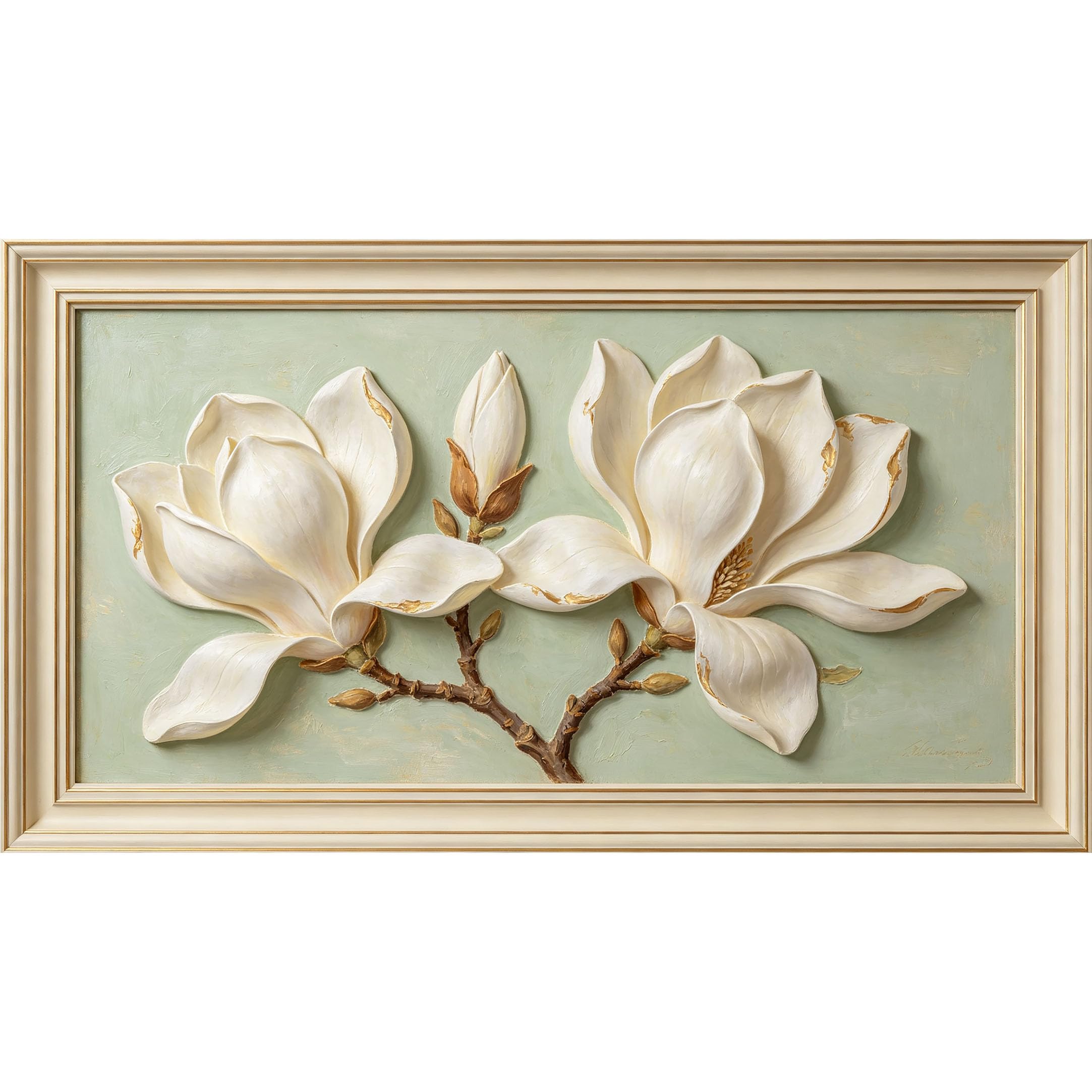 QZLITHOTIC 50x90cm3D Framed Wall Art， Botanical Magnolia Blossom Self‑Adhesive Mural， Water‑Activated Peel & Stick Fabric Decor Wall Decal for Bedroom Living Room