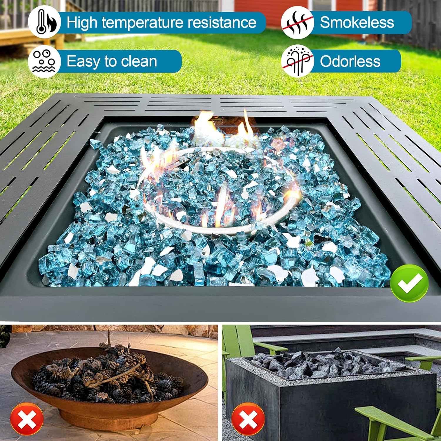 GasSaf 1/2 Inch Fire Glass Reflective Tempered Fireglass Cut Crushed FireGlass for Fire Pit, Fireplace, Replaces Existing Gas Logs & Lava Rocks (20 Pound)(Caribbean Blue Reflective).