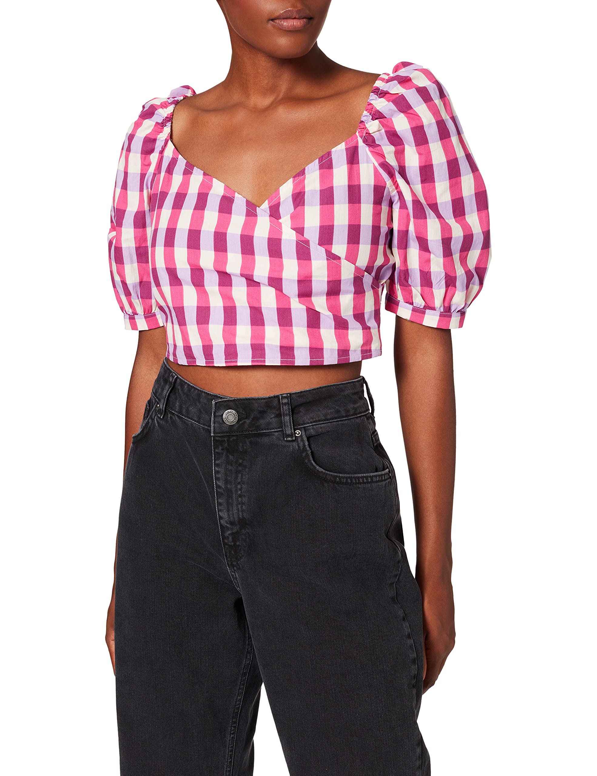 NA-KD Puff Sleeve Wrap Blouse, Pink Check, EU 40