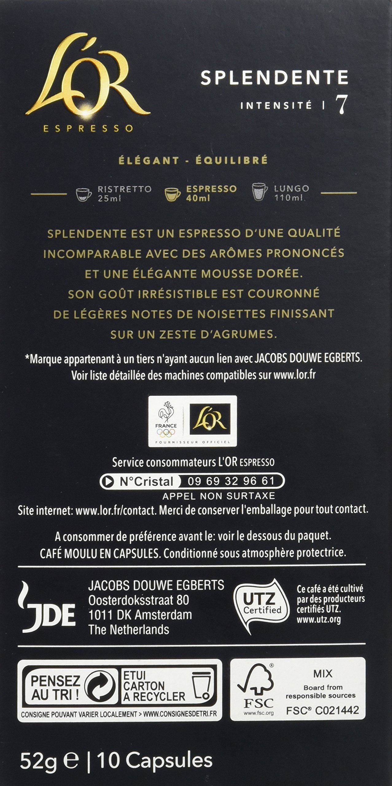 L'Or Espresso Café Splendente Intensité 7 Pack de 10 Capsules en Aluminium Compatibles avec Les Machines Nespresso