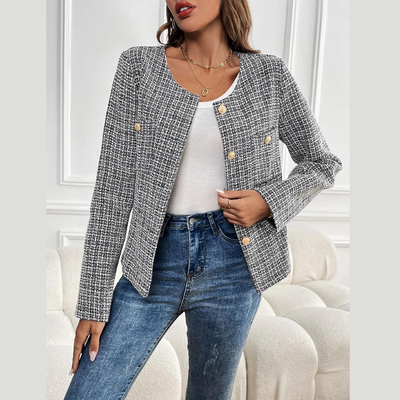 Veste blazer en tweed pour femme – Manches longues, grand col rond, manteau business décontracté, chic et confortable pour toutes les occasions