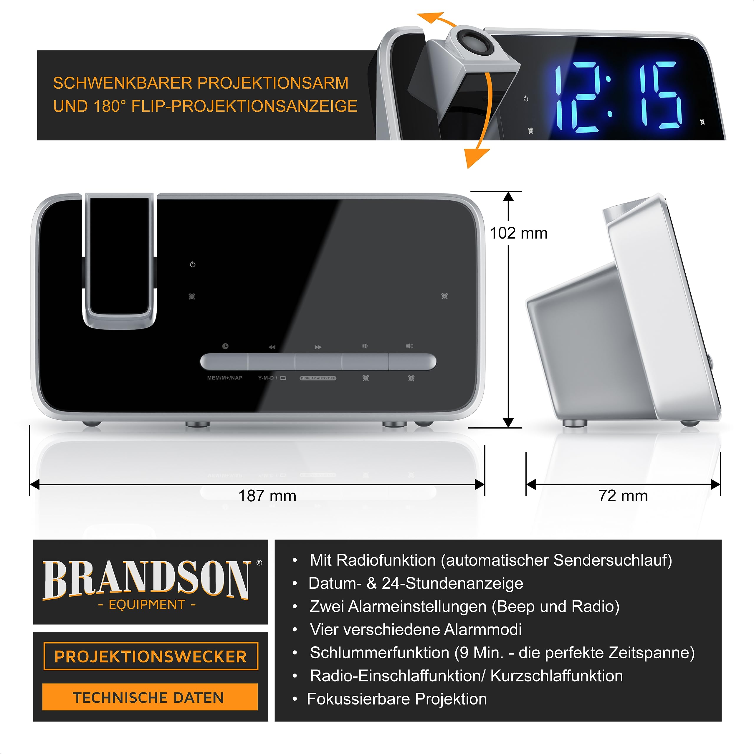 Brandson Radiowecker mit Projektion – Digitaler Projektionswecker mit LED-Anzeige, 3 Helligkeitsstufen, Dual-Alarm und FM Radio